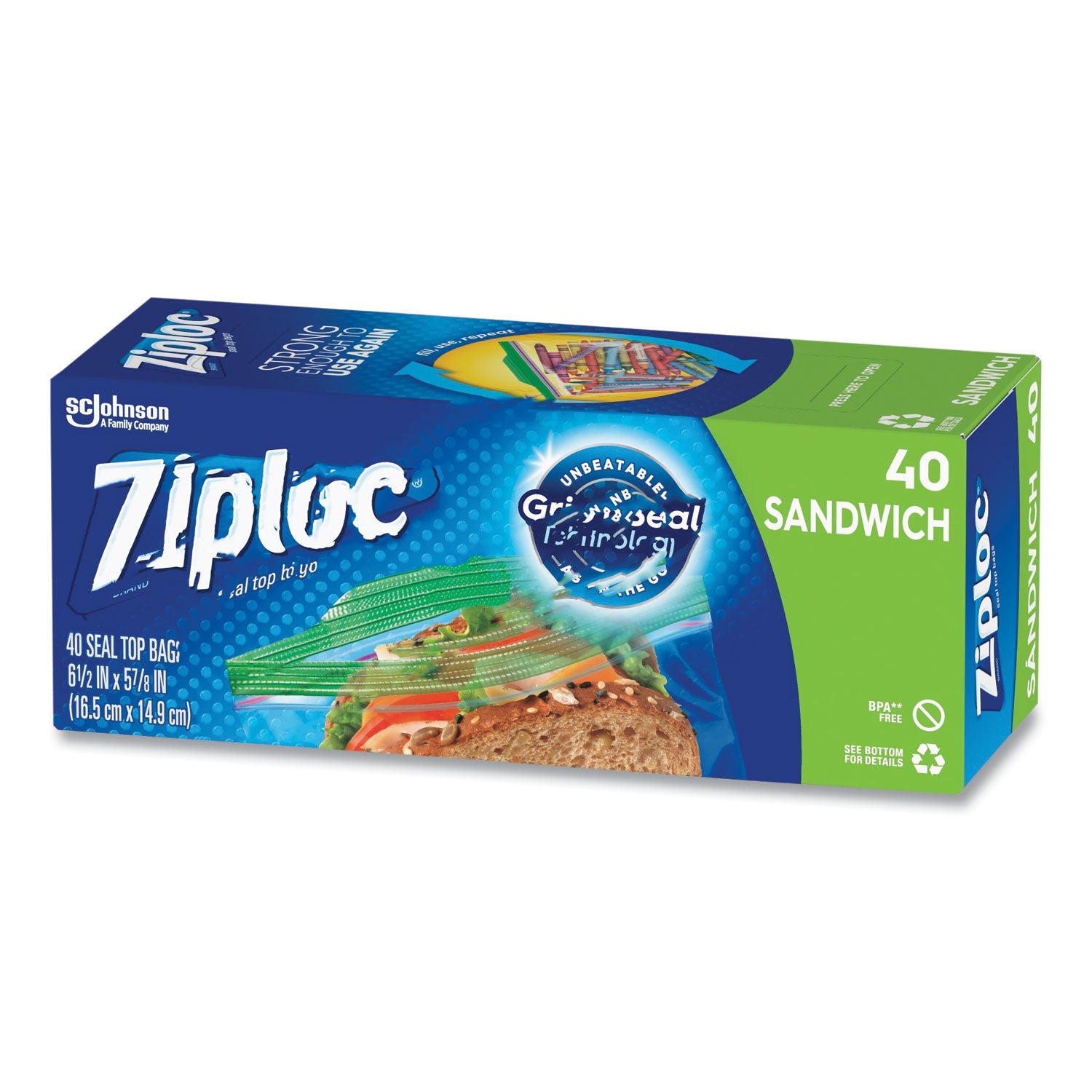 Ziploc® Resealable Sandwich Bags, 6.5" x 5.88", Clear, 40/Box