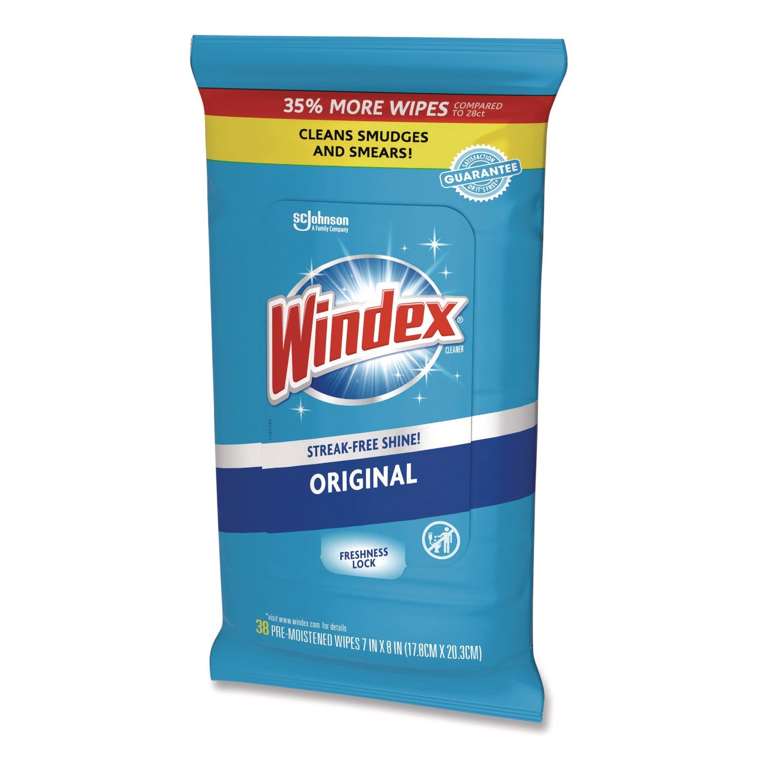 Windex® Glass and Surface Wet Wipe, Cloth, 7 x 8, Unscented, White, 38/Pack, 12 Packs/Carton