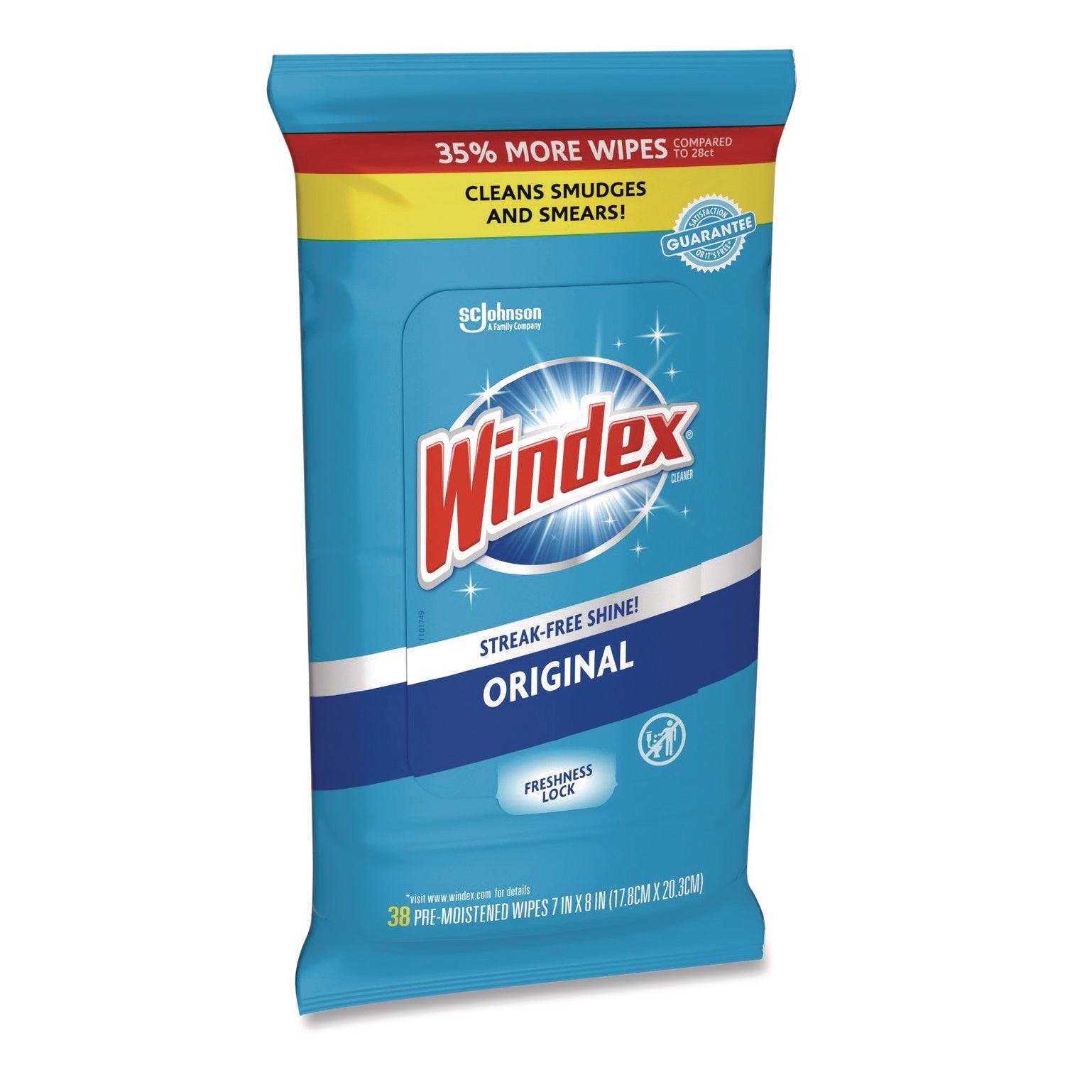 Windex® Glass and Surface Wet Wipe, Cloth, 7 x 8, Unscented, White, 38/Pack