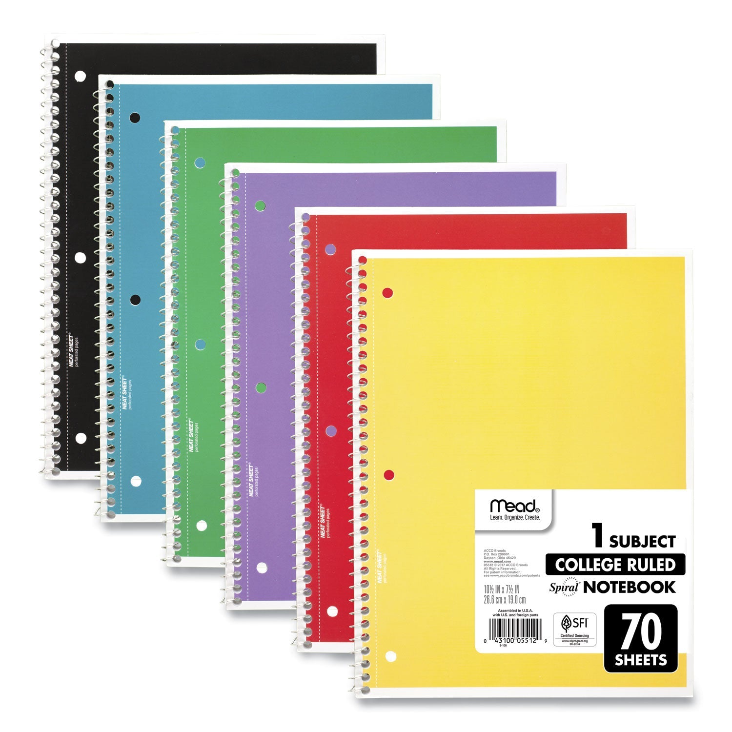 Mead® Spiral Notebook, 1-Subject, Medium/College Rule, Assorted Cover Colors, (70) 10.5 x 8 Sheets, 6/Pack