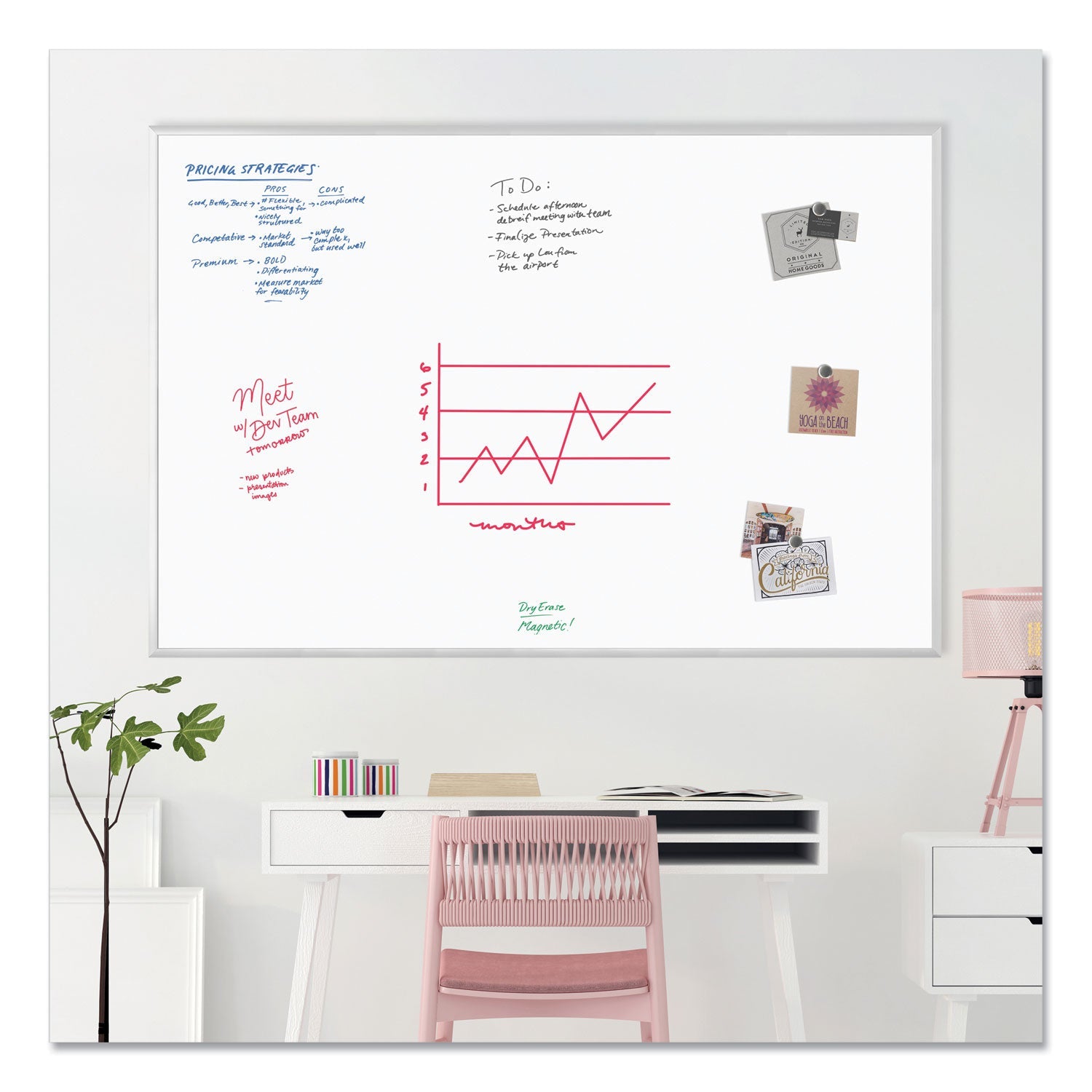 U Brands Magnetic Dry Erase Board with Aluminum Frame, 72" x 48" (Actual Size: 70" x 47"), White Surface, Satin Aluminum Frame
