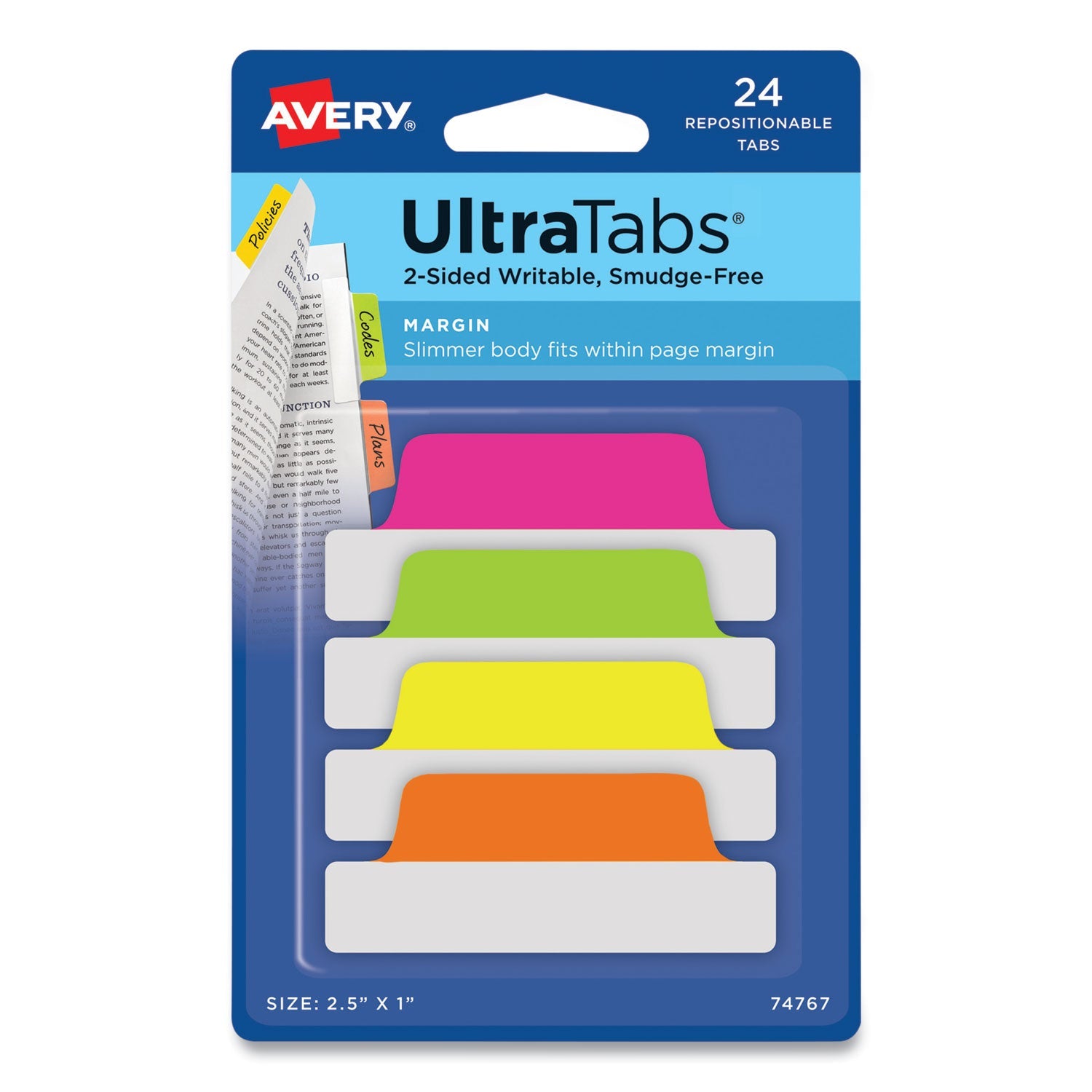 Avery® Ultra Tabs Repositionable Tabs, Margin Tabs: 2.5" x 1", 1/5-Cut, Assorted Neon Colors, 24/Pack