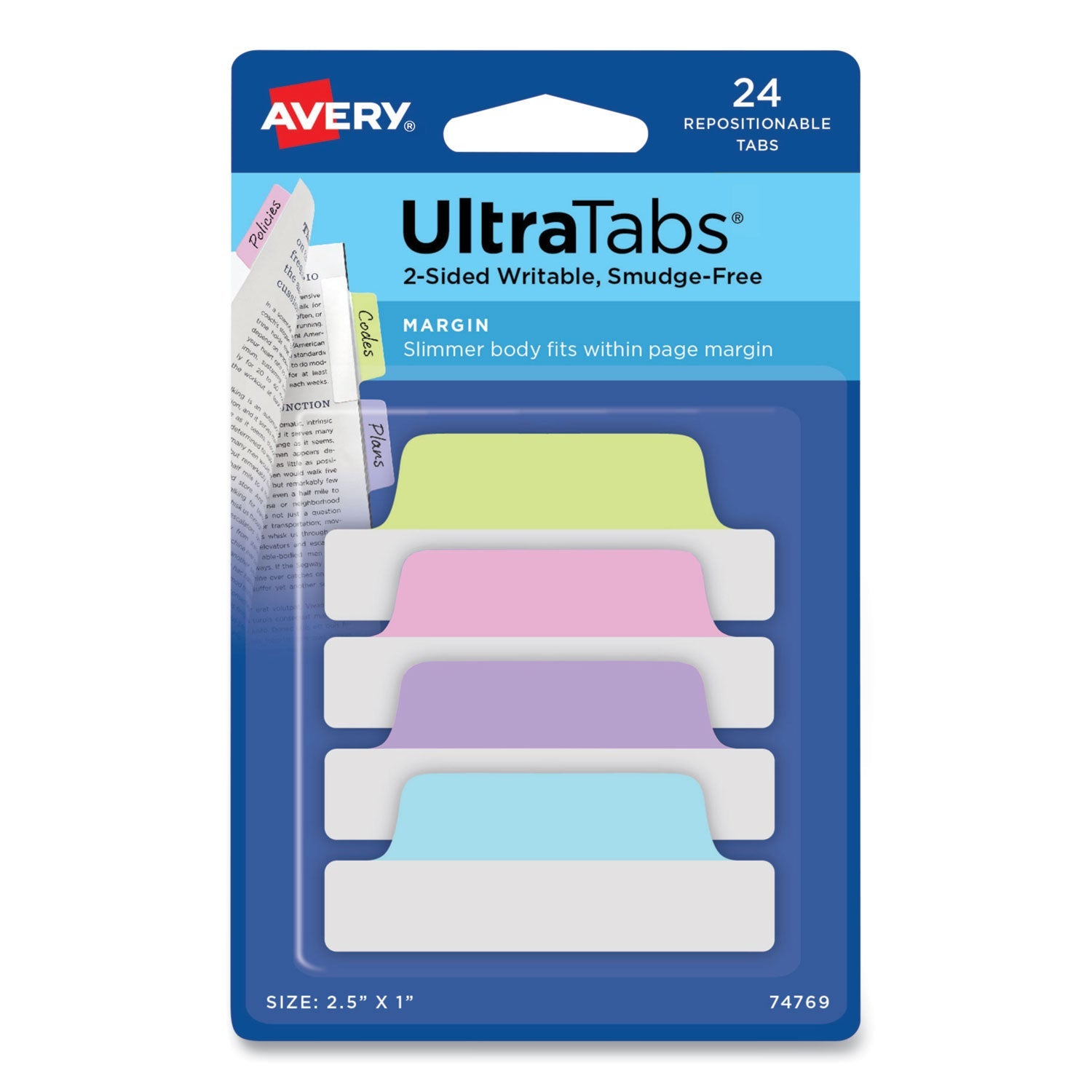 Avery® Ultra Tabs Repositionable Tabs, Margin Tabs: 2.5" x 1", 1/5-Cut, Assorted Pastel Colors, 24/Pack