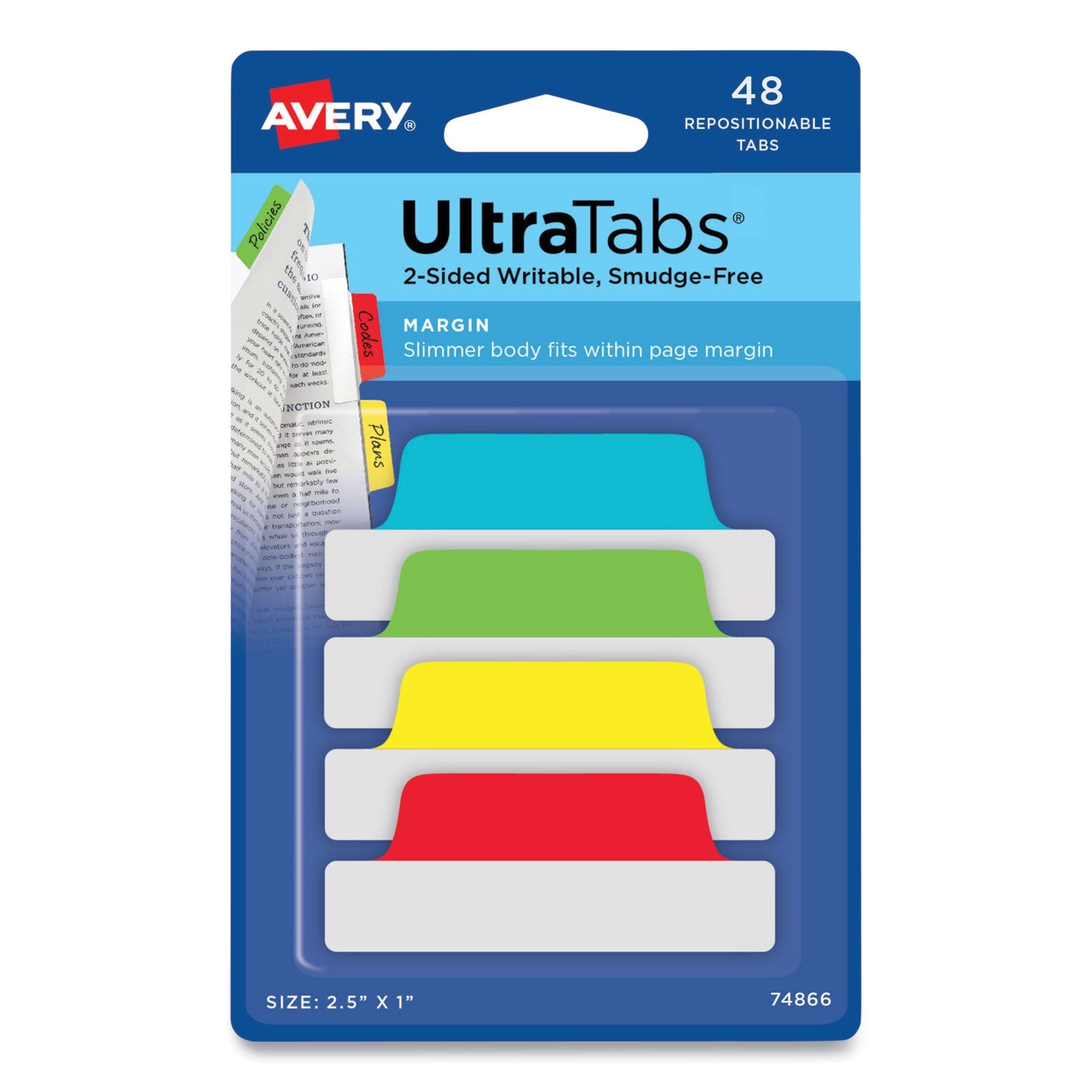 Avery® Ultra Tabs Repositionable Tabs, Margin Tabs: 2.5" x 1", 1/5-Cut, Assorted Colors, 48/Pack