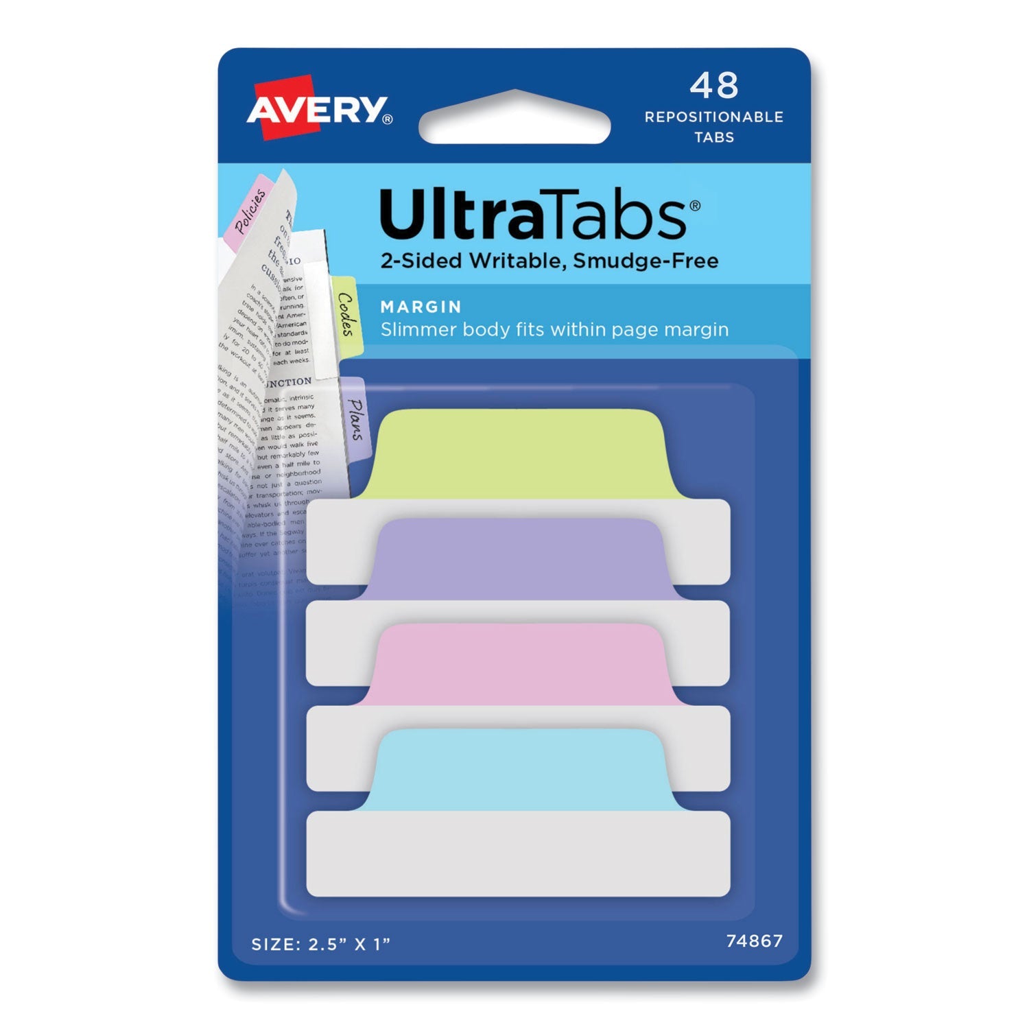 Avery® Ultra Tabs Repositionable Tabs, Margin Tabs: 2.5" x 1", 1/5-Cut, Assorted Pastel Colors, 48/Pack
