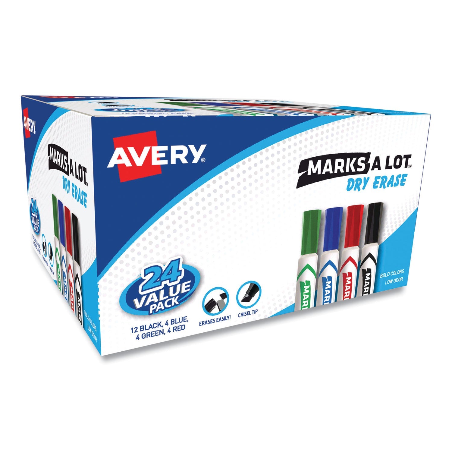 Avery® Marks A Lot Desk-Style Dry Erase Marker Value Pack, Broad Chisel Tip, Assorted Colors, 24/pack (98188)