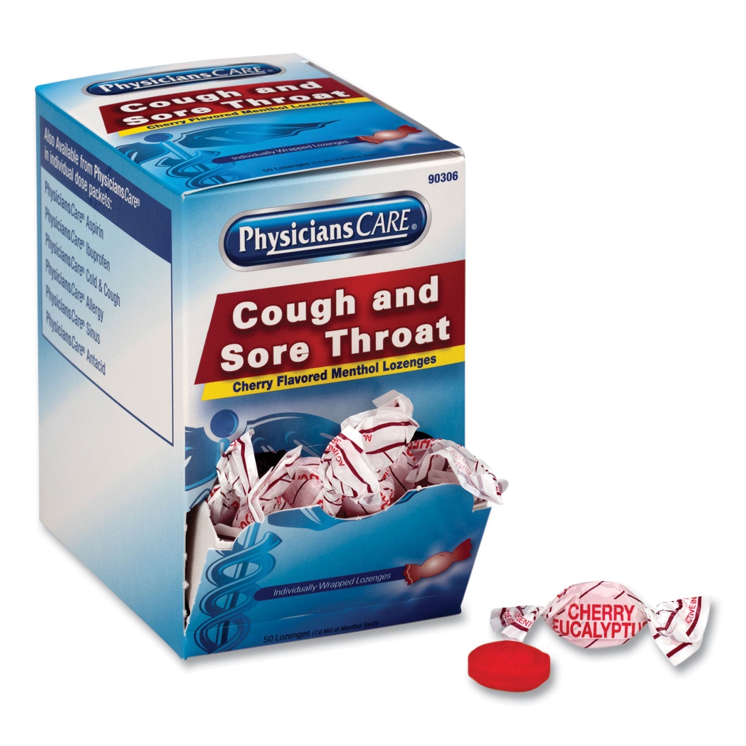 PhysiciansCare® Cough and Sore Throat, Cherry Menthol Lozenges, Individually Wrapped, 50/Box