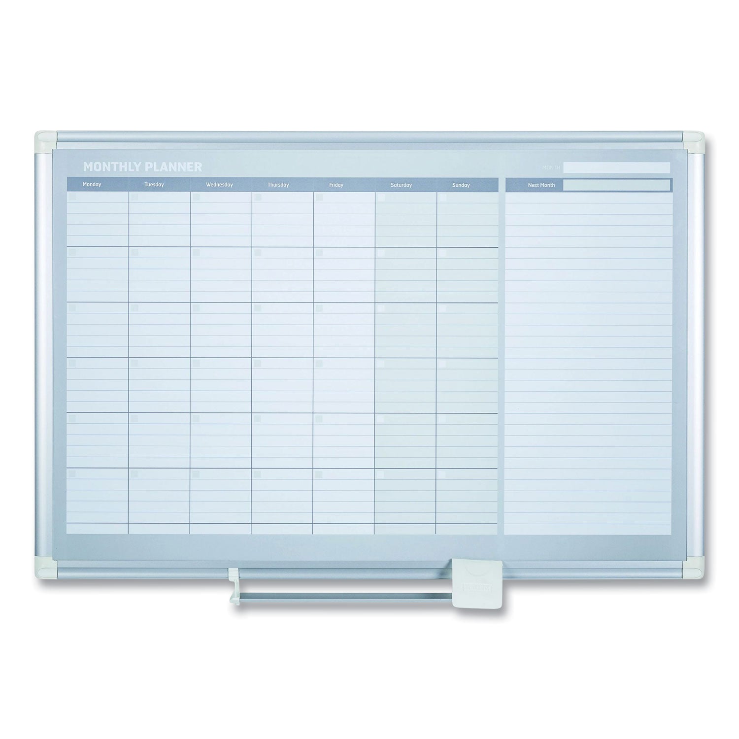MasterVision® Magnetic Dry Erase Calendar Board, Monthly Planning/Scheduling, 36" x 24", White Surface, Satin Aluminum Frame