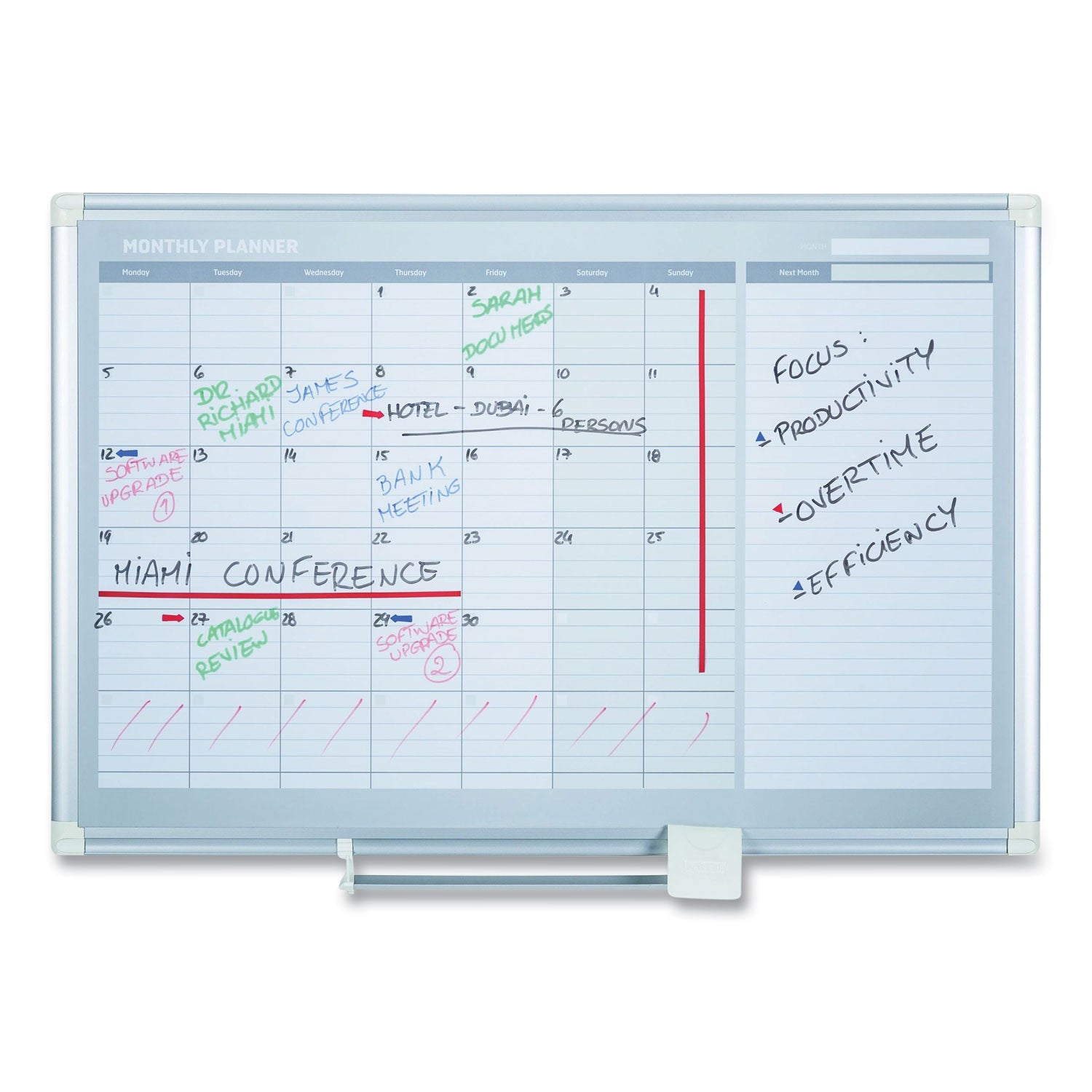 MasterVision® Magnetic Dry Erase Calendar Board, Monthly Planning/Scheduling, 36" x 24", White Surface, Satin Aluminum Frame