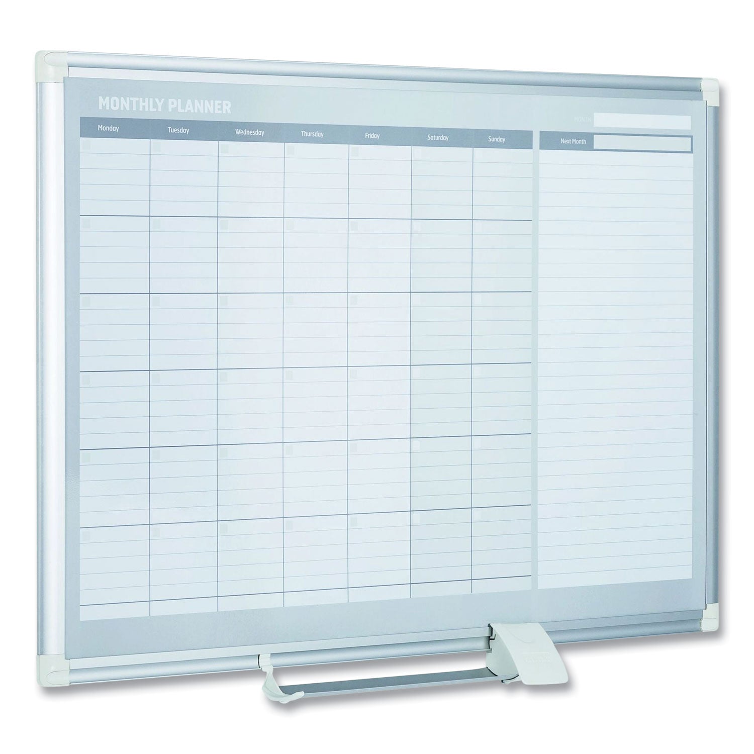 MasterVision® Magnetic Dry Erase Calendar Board, Monthly Planning/Scheduling, 36" x 24", White Surface, Satin Aluminum Frame
