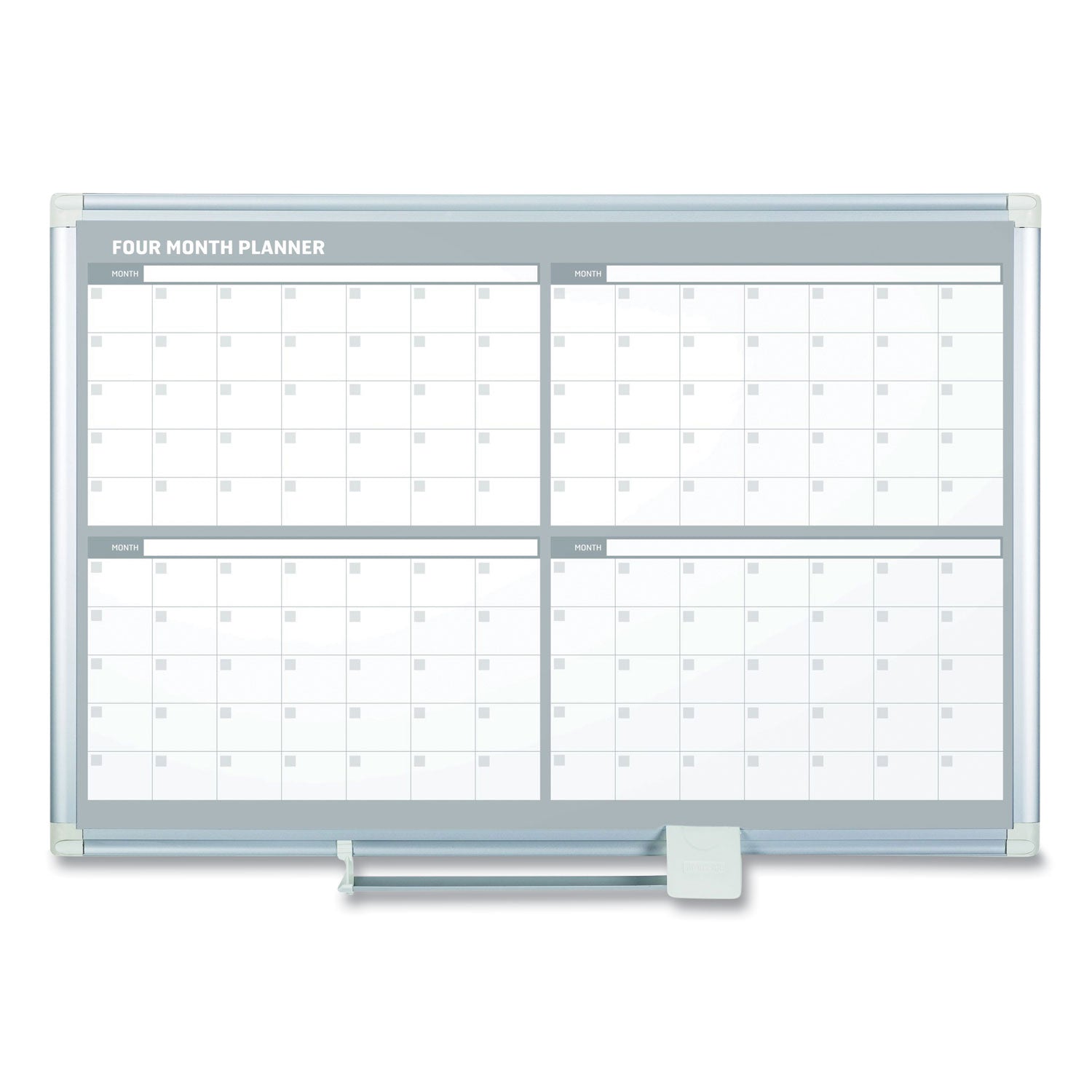 MasterVision® Magnetic Dry Erase Calendar Board, Four-Month Planning/Scheduling, 48" x 36", White Surface, Satin Aluminum Frame