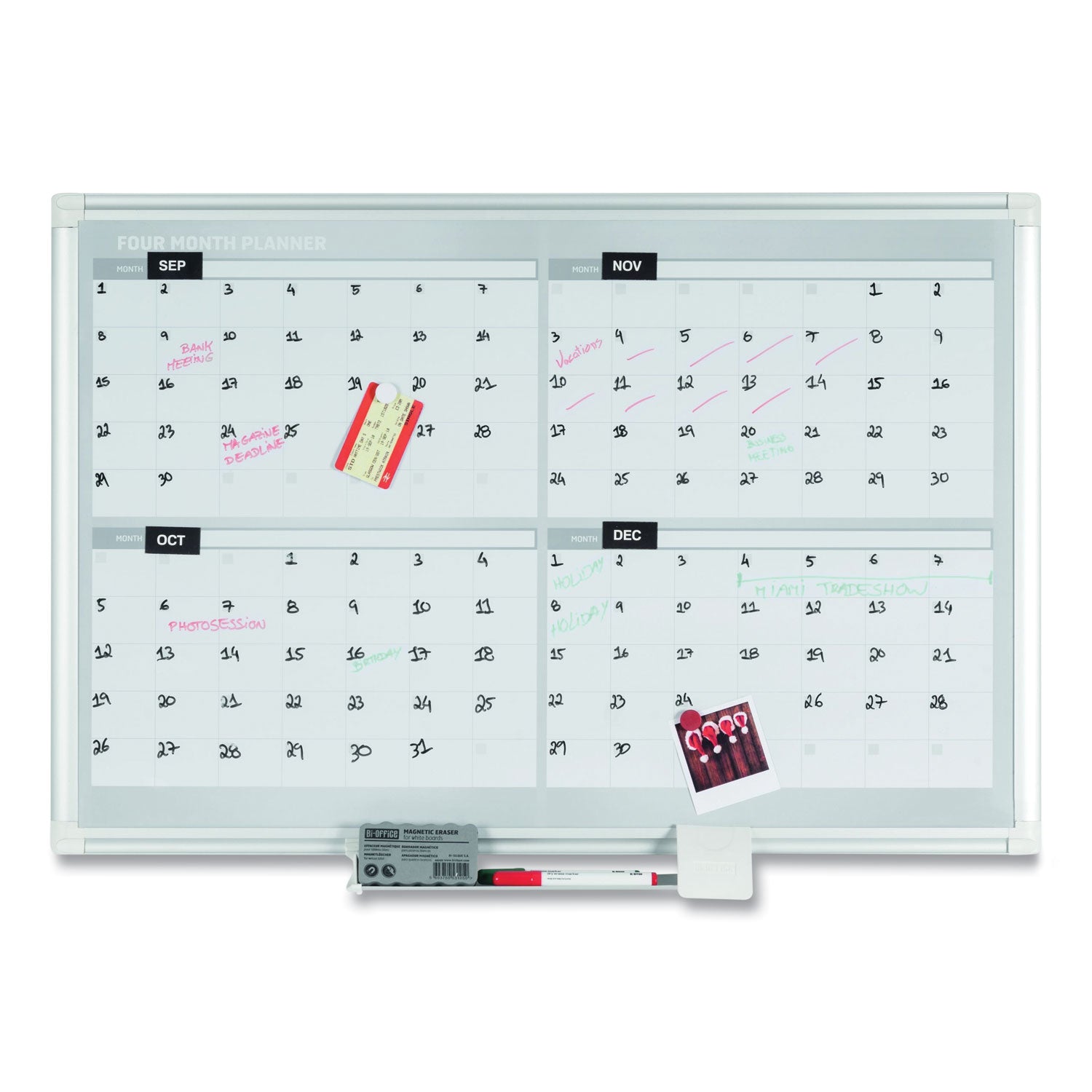 MasterVision® Magnetic Dry Erase Calendar Board, Four-Month Planning/Scheduling, 48" x 36", White Surface, Satin Aluminum Frame