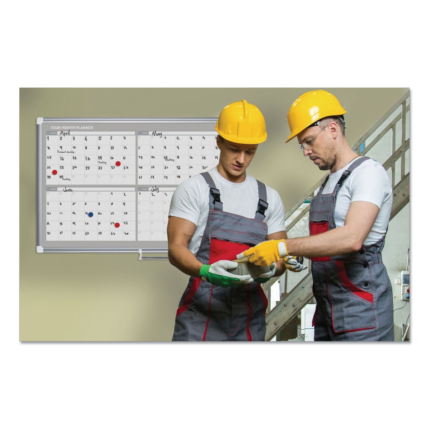 MasterVision® Magnetic Dry Erase Calendar Board, Four-Month Planning/Scheduling, 48" x 36", White Surface, Satin Aluminum Frame