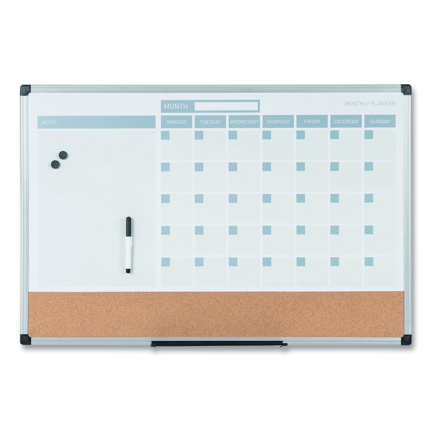 MasterVision® 3-in-1 Planner Board, Monthly Planning/Scheduling Calendar, 24" x 18", Tan/White/Blue Surface, Satin Aluminum Frame