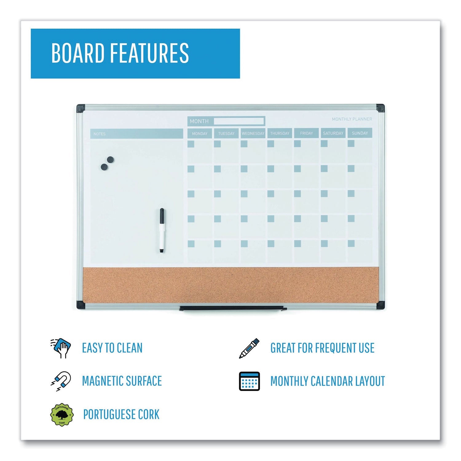 MasterVision® 3-in-1 Planner Board, Monthly Planning/Scheduling Calendar, 24" x 18", Tan/White/Blue Surface, Satin Aluminum Frame