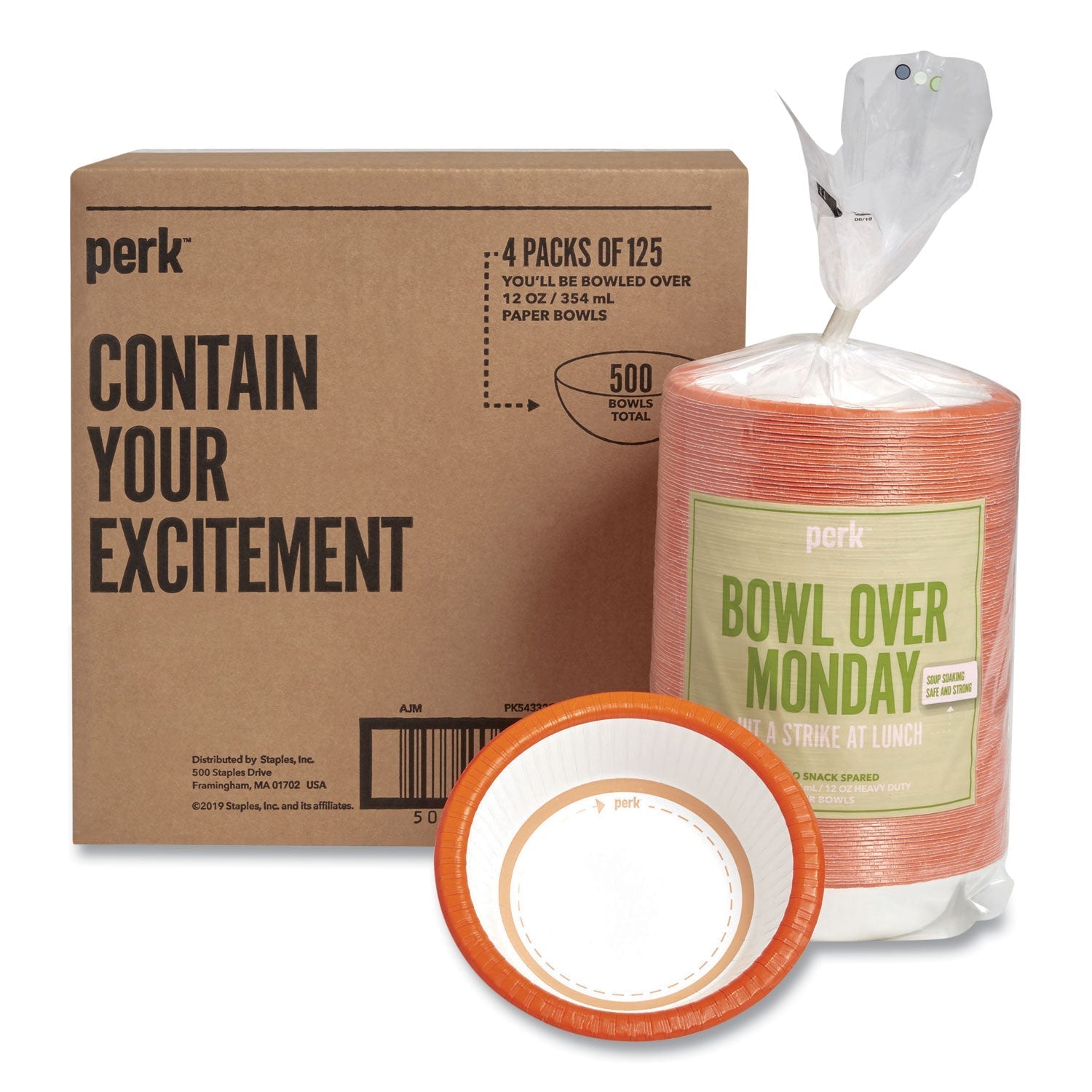 Perk™ Heavy-Weight Paper Bowls, 12 Oz, White/orange, 125/pack, 4 Packs/carton