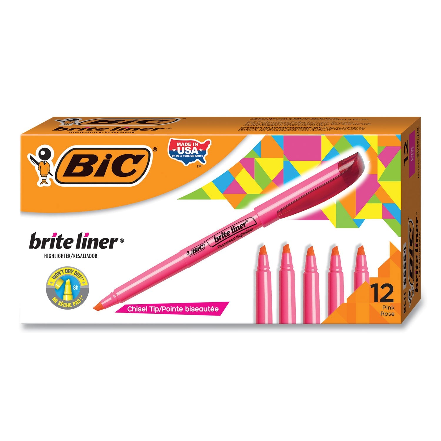 BIC® Brite Liner Highlighter, Fluorescent Pink Ink, Chisel Tip, Pink/black Barrel, Dozen