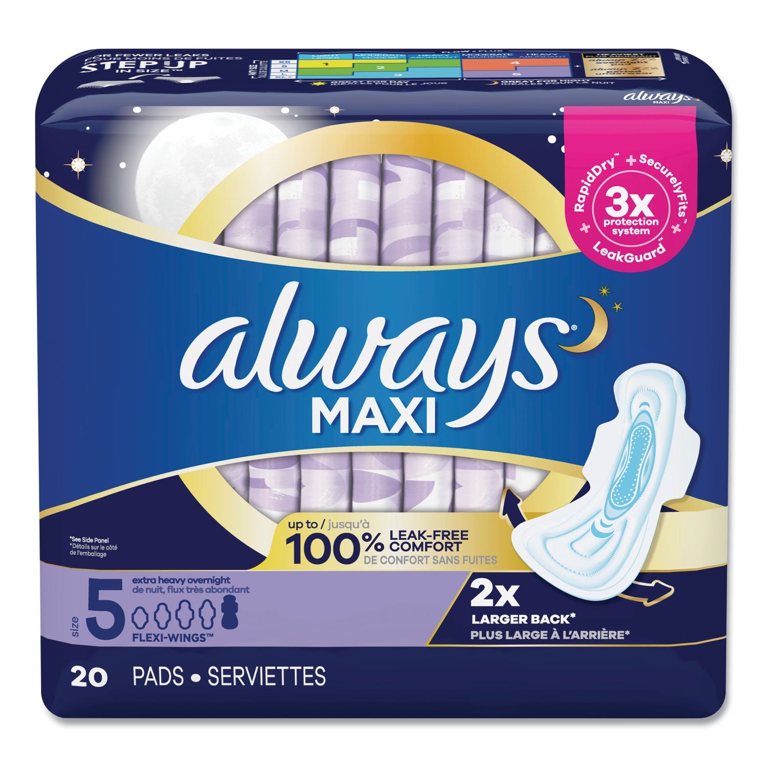 Always® Maxi Pads, Extra Heavy Overnight, 20/pack, 6 Packs/carton