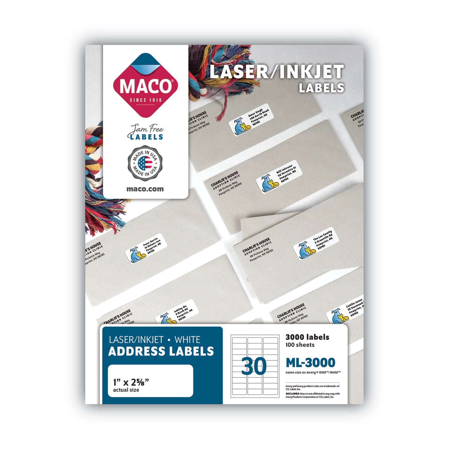 MACO® White Laser/inkjet Shipping Address Labels, Inkjet/laser Printers, 1 X 2.63, White, 30 Labels/sheet, 100 Sheets/box