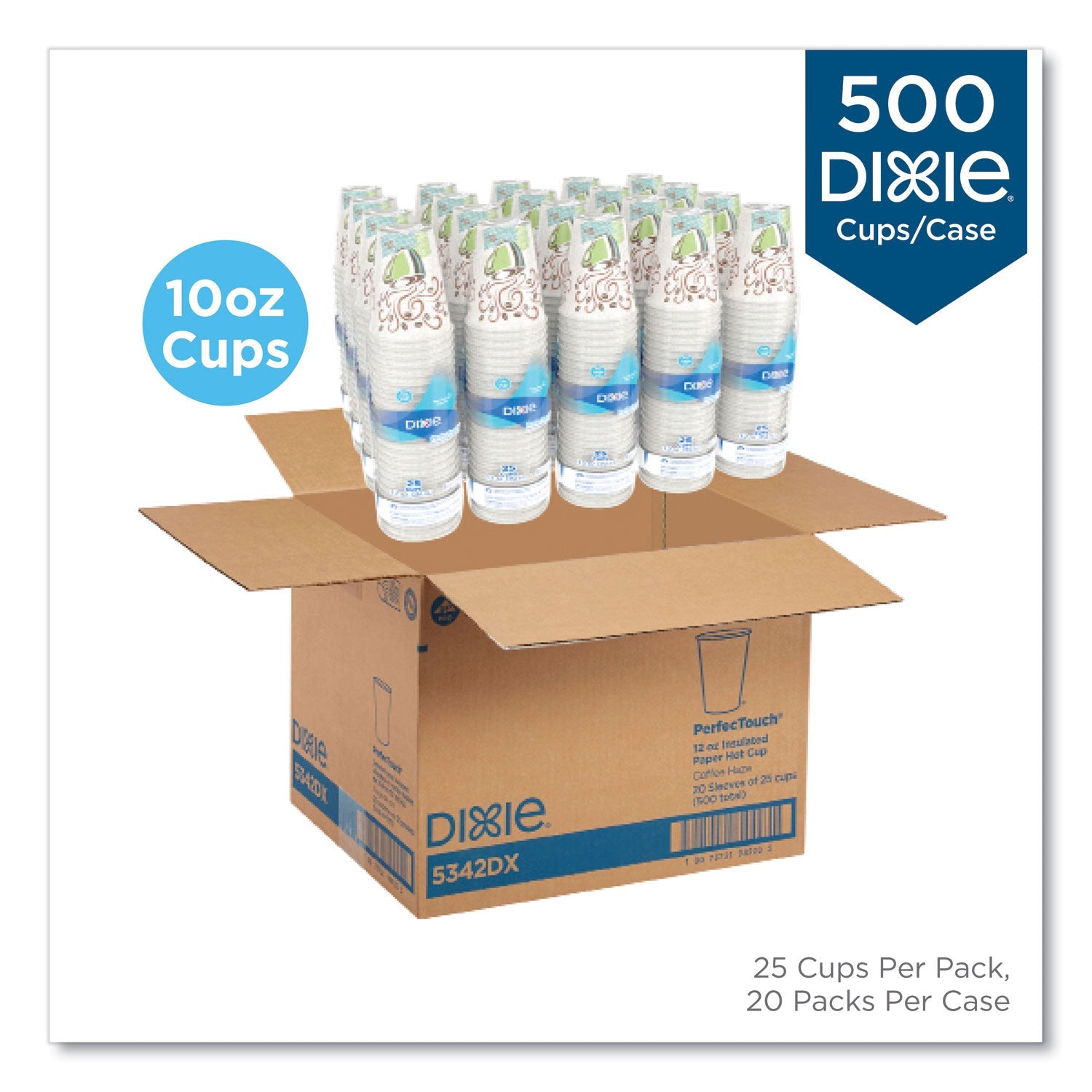 Dixie® PerfecTouch Paper Hot Cups, 10 oz, Coffee Haze Design, 25/Sleeve, 20 Sleeves/Carton