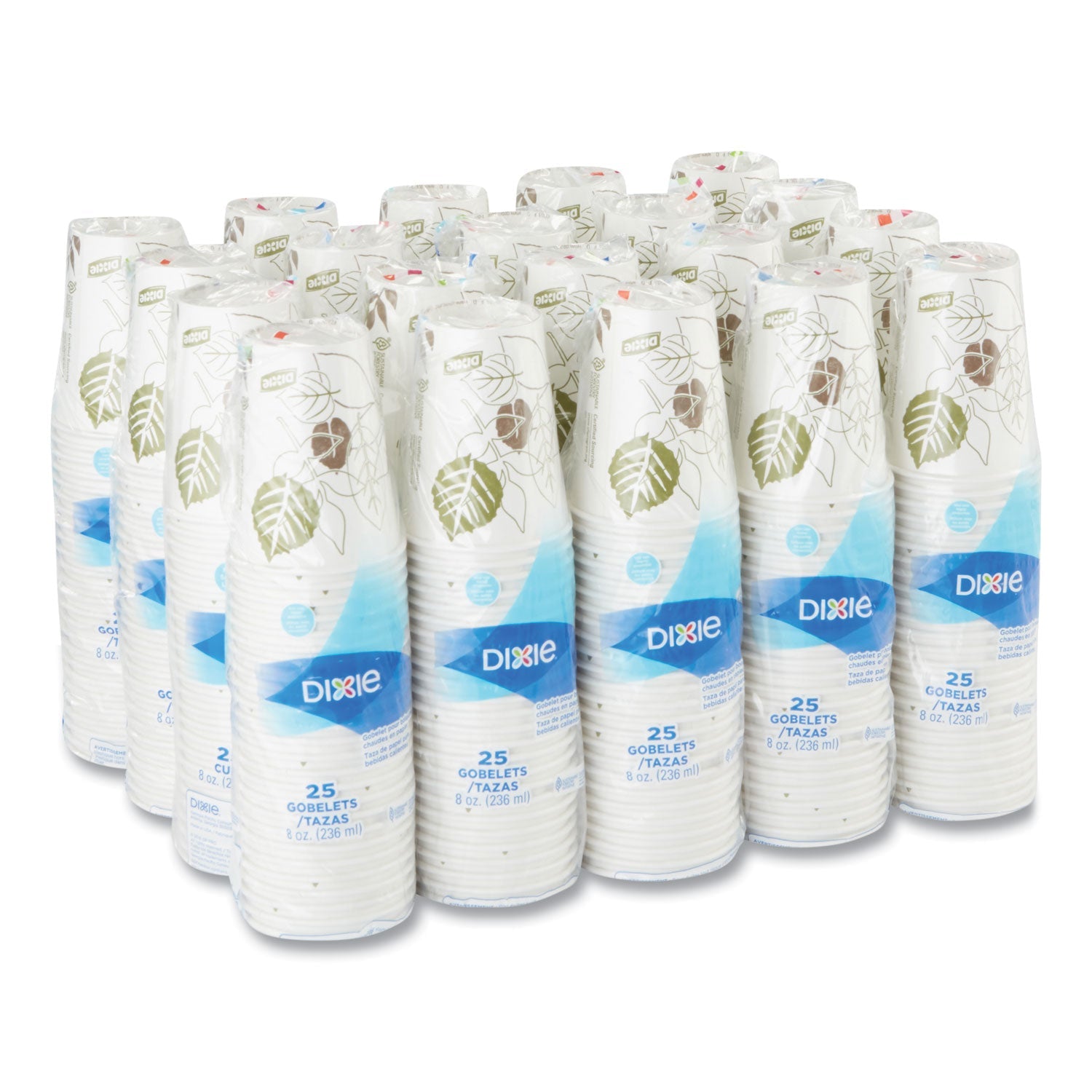 Dixie® Pathways Paper Hot Cups, 8 oz, White/Brown, 25/Bag, 20 Bags/Carton