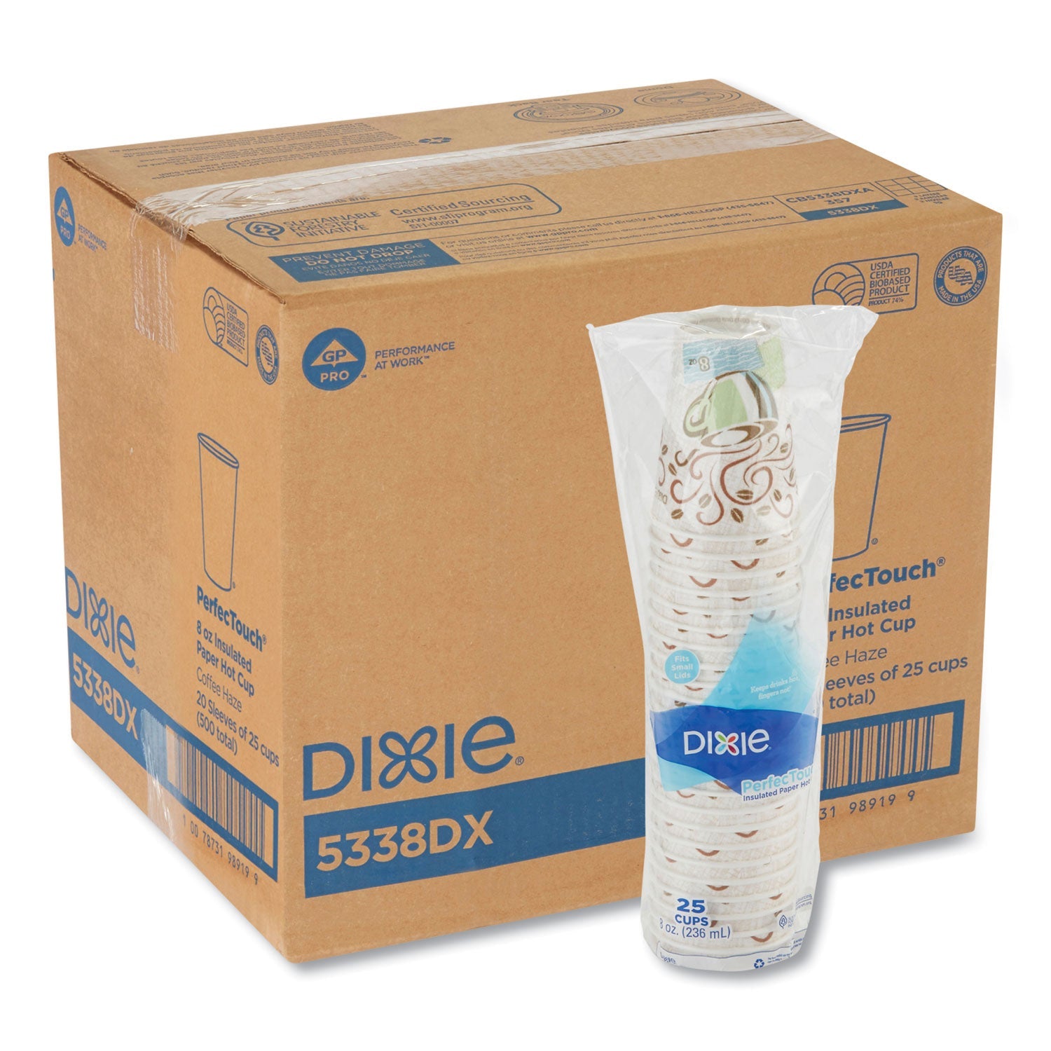 Dixie® Perfectouch Paper Hot Cups, 8 Oz, Coffee Haze Design, 25/sleeve, 20 Sleeves/carton