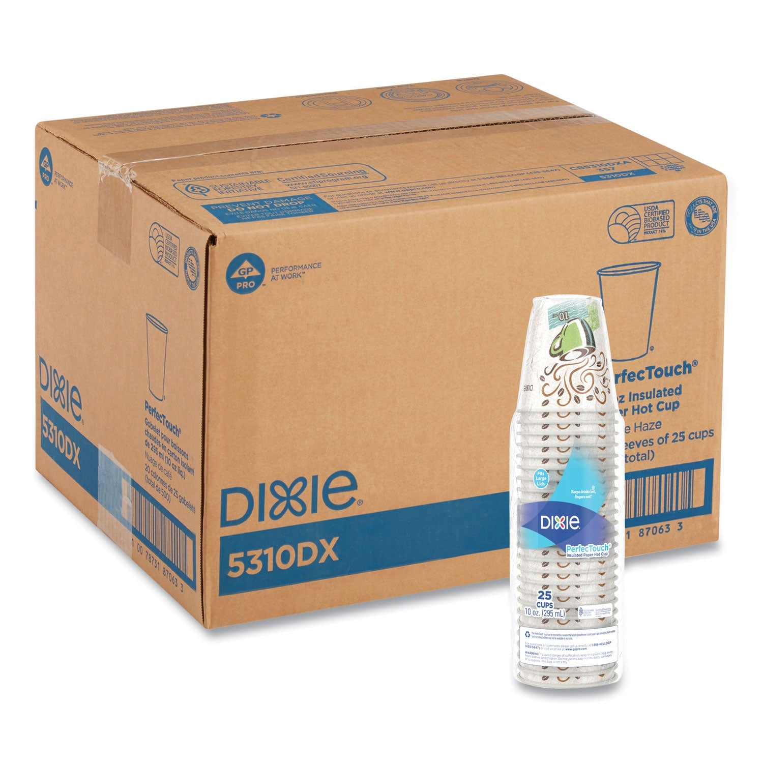 Dixie® PerfecTouch Paper Hot Cups, 10 oz, Coffee Haze Design, 25/Sleeve, 20 Sleeves/Carton