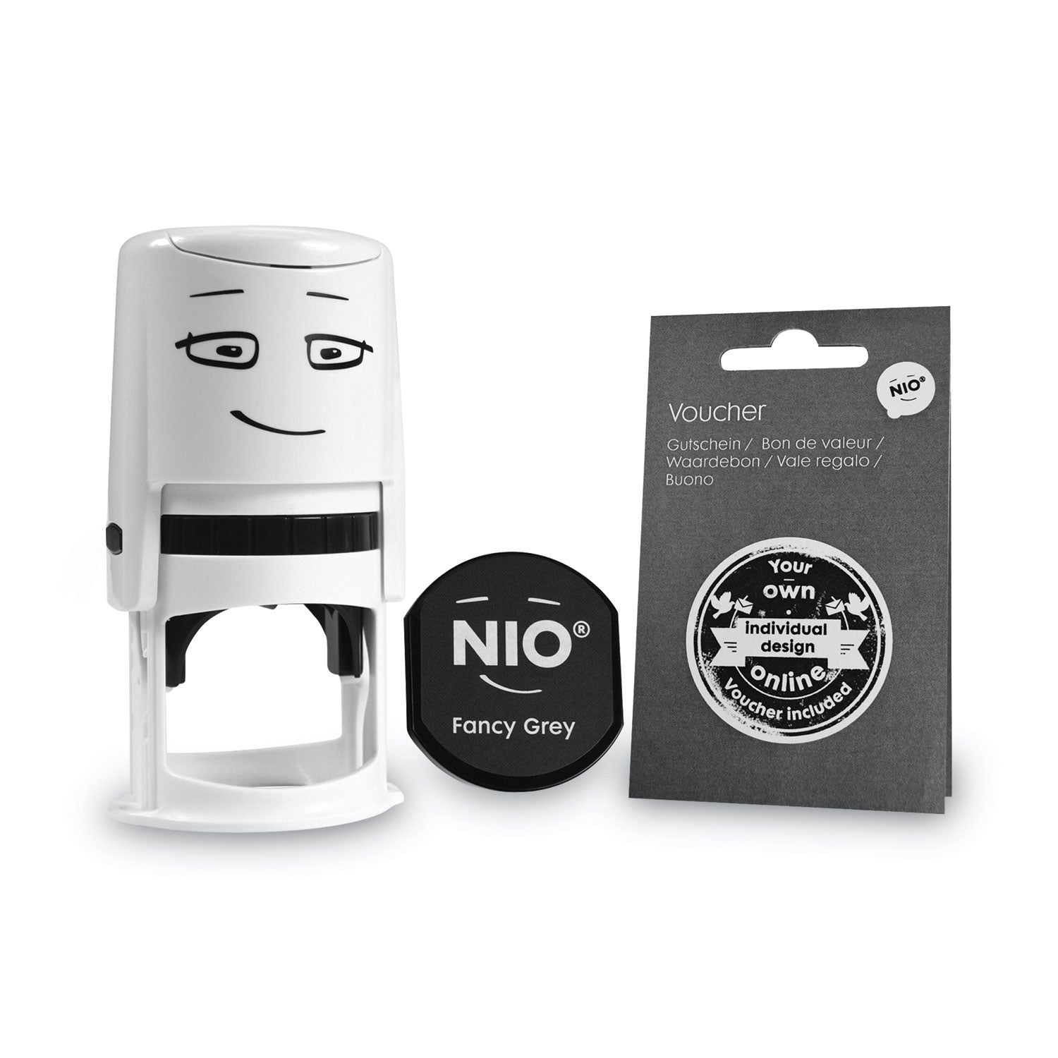 NIO® Stamp With Voucher And Fancy Gray Ink Pad, Self-Inking, 1.56" Diameter