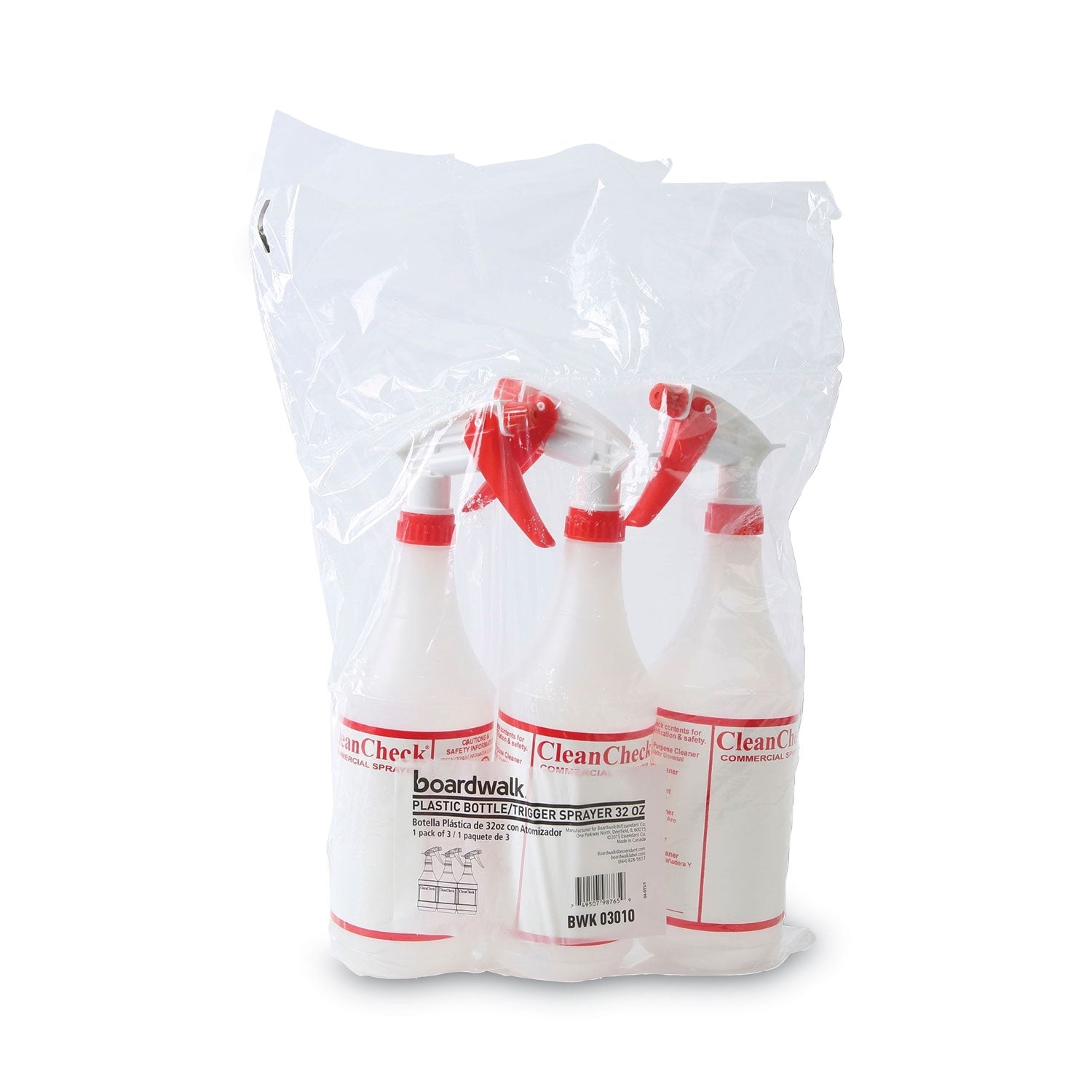 Boardwalk® General Purpose Plastic Bottle with Trigger Spray, 32 oz, Clear/Red, 3/Pack