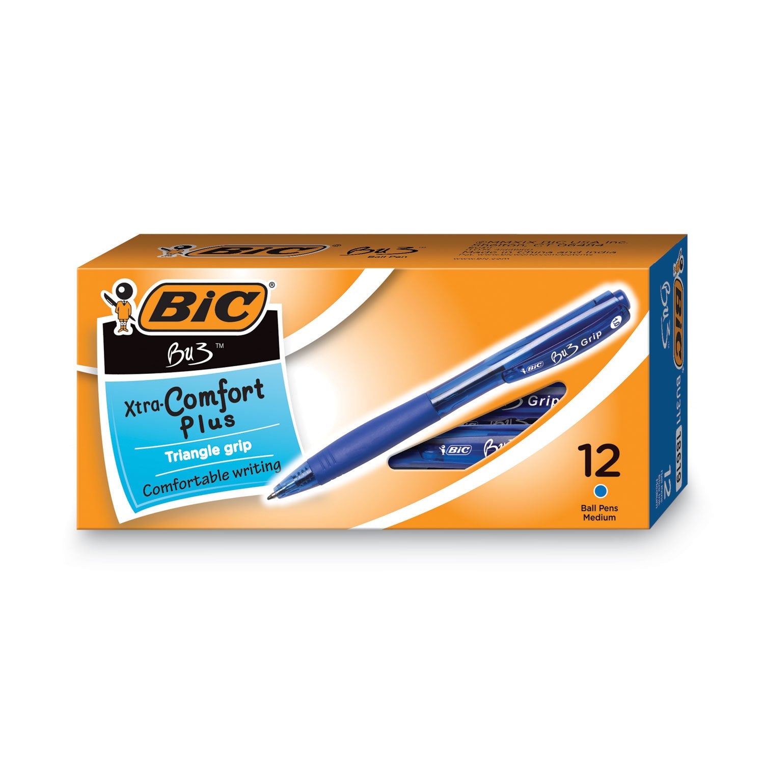 BIC® BU3 Ballpoint Pen, Retractable, Bold 1 mm, Blue Ink, Translucent Blue/Blue Barrel, Dozen