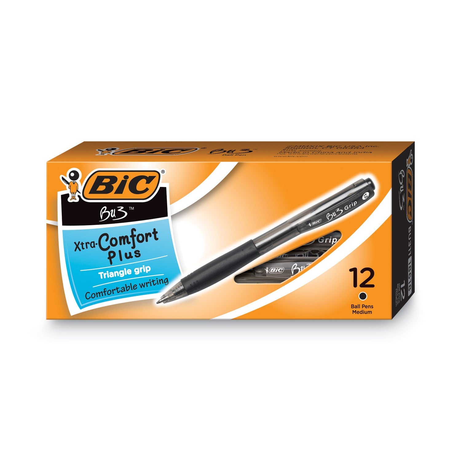 BIC® BU3 Ballpoint Pen, Retractable, Bold 1 mm, Black Ink, Smoke/Black Barrel, Dozen