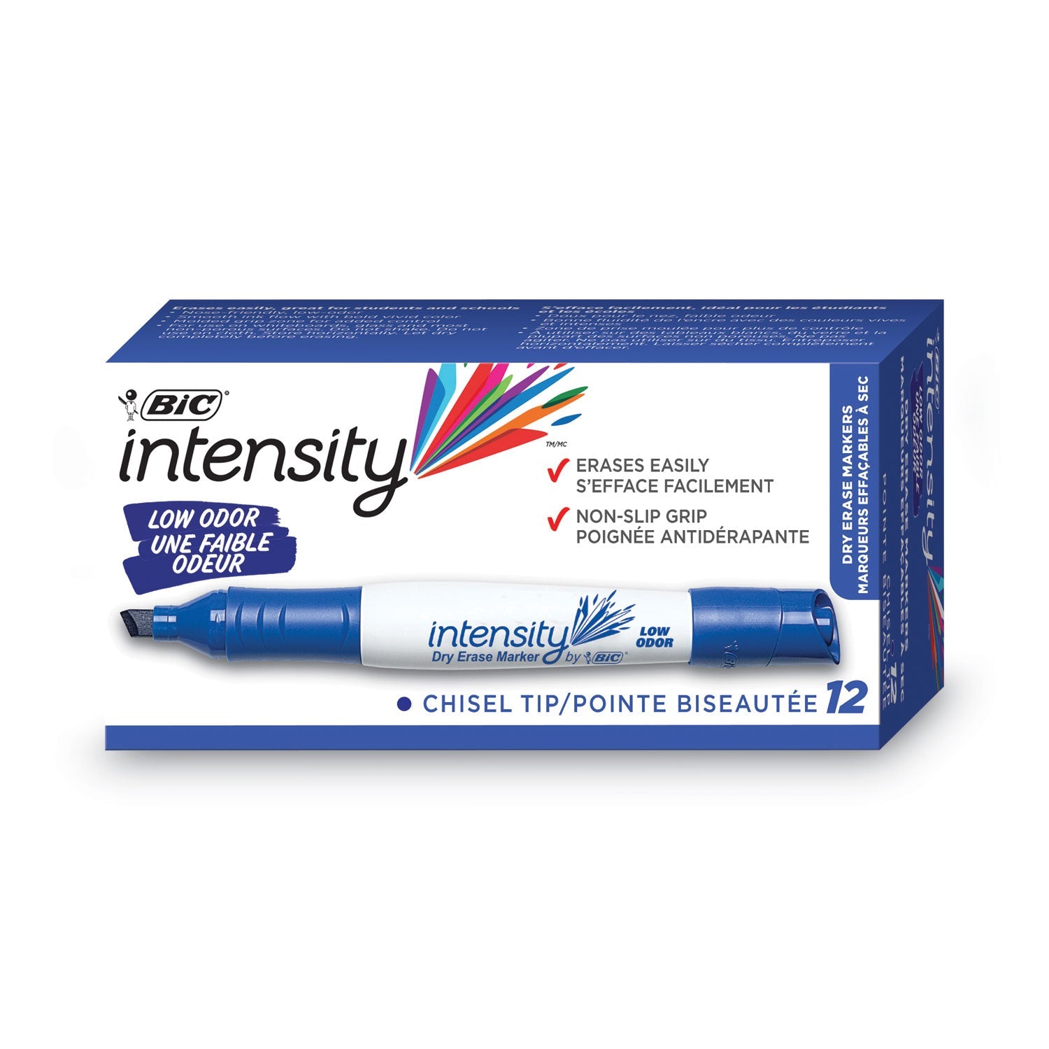 BIC® Intensity Low Odor Chisel Tip Dry Erase Marker, Broad Chisel Tip, Blue, Dozen