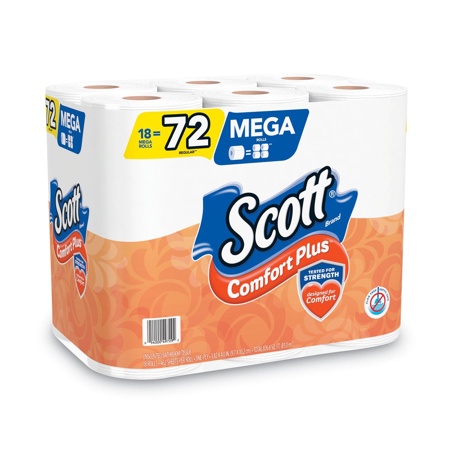Scott® Comfortplus Toilet Paper, Mega Roll, Septic Safe, 1-Ply, White, 425 Sheets/roll, 18 Rolls/pack