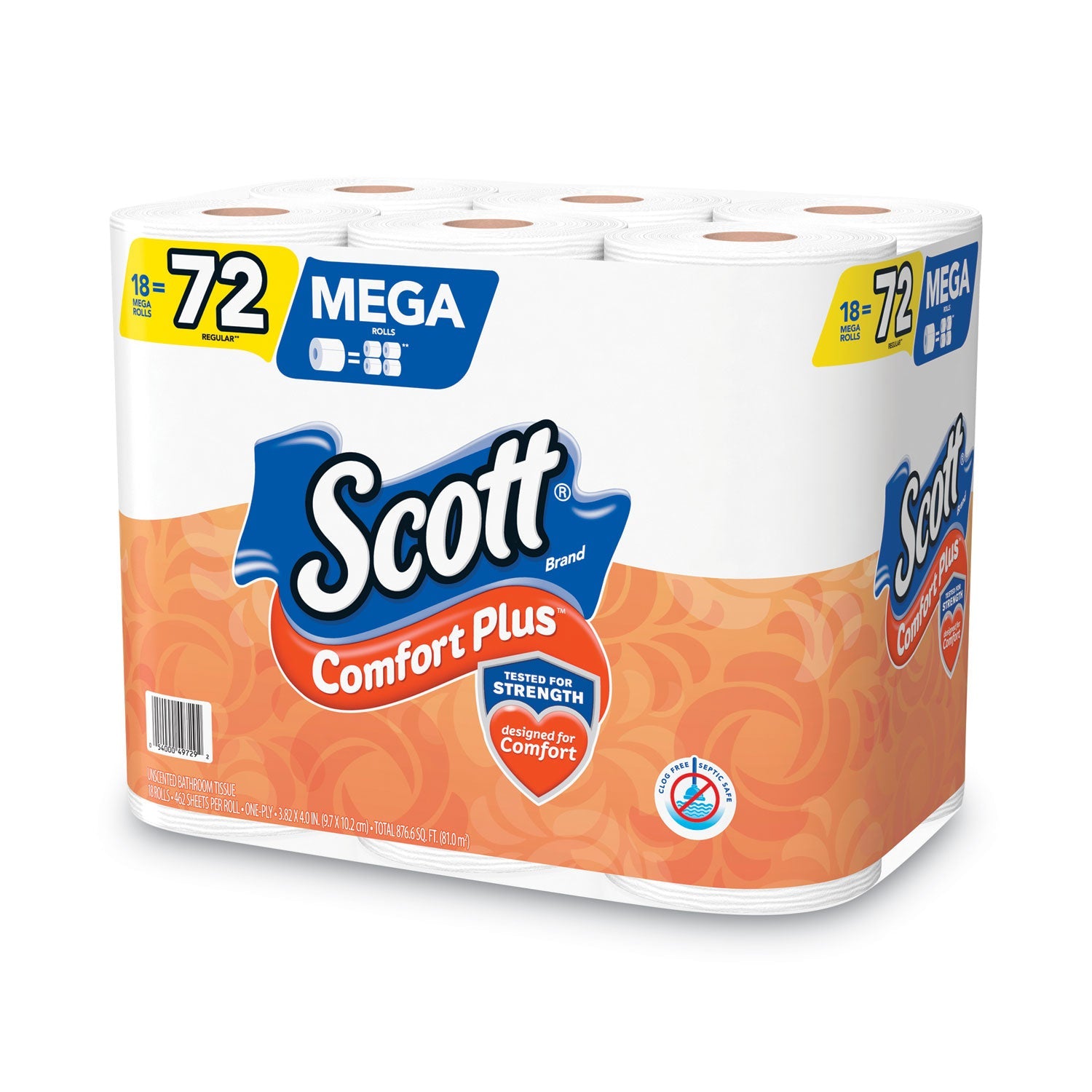Scott® Comfortplus Toilet Paper, Mega Roll, Septic Safe, 1-Ply, White, 425 Sheets/roll, 18 Rolls/pack