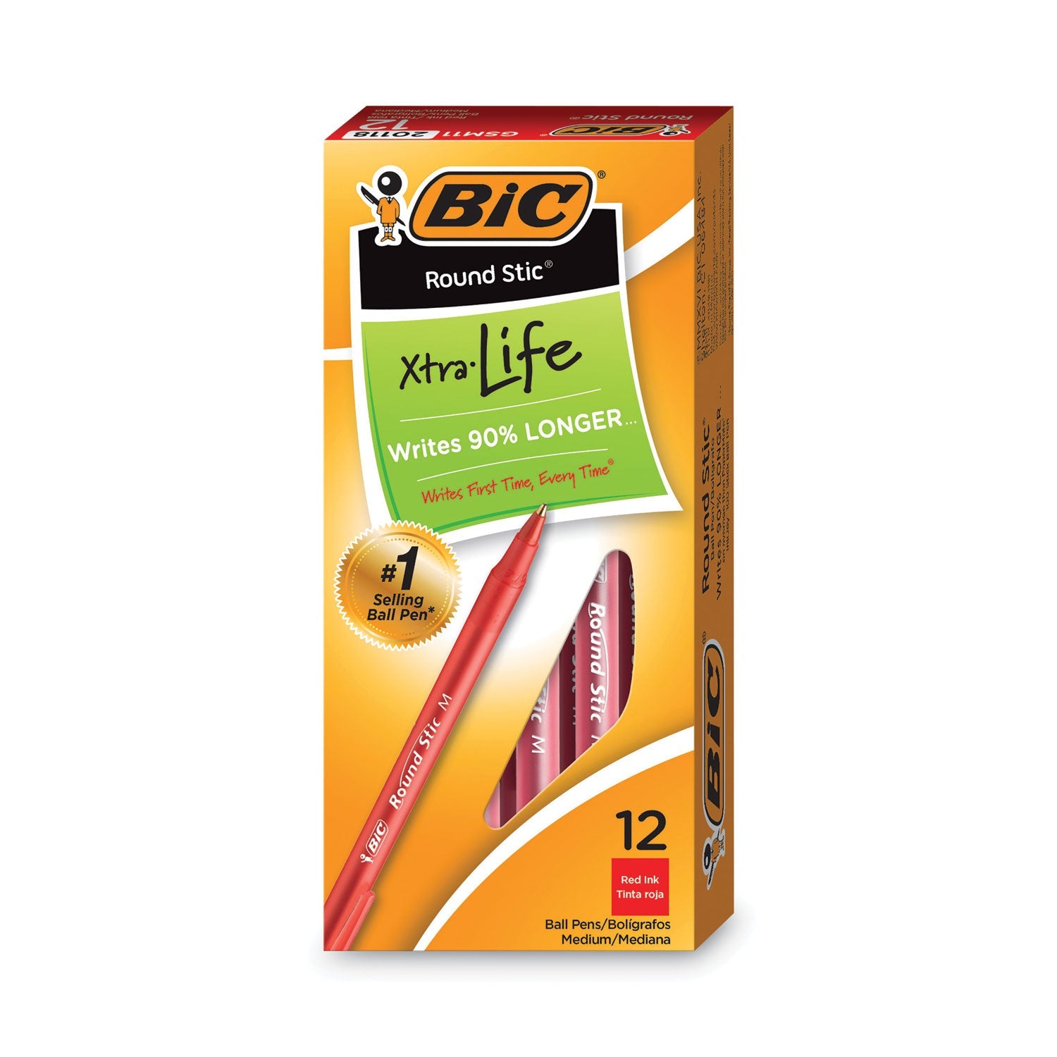 BIC® Round Stic Xtra Life Ballpoint Pen, Stick, Medium 1 Mm, Red Ink, Translucent Red Barrel, Dozen