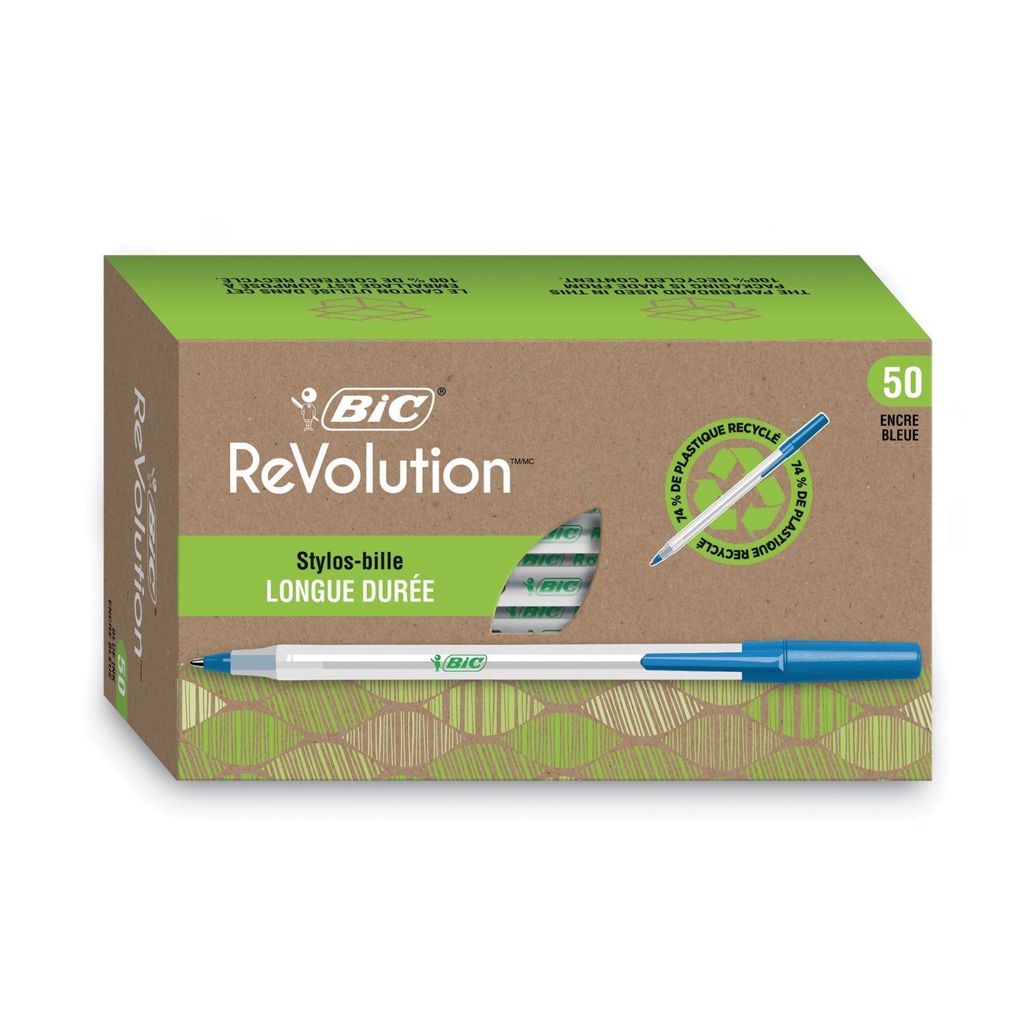 BIC® Ecolutions Round Stic Ballpoint Pen Value Pack, Stick, Medium 1 Mm, Blue Ink, Clear Barrel, 50/pack