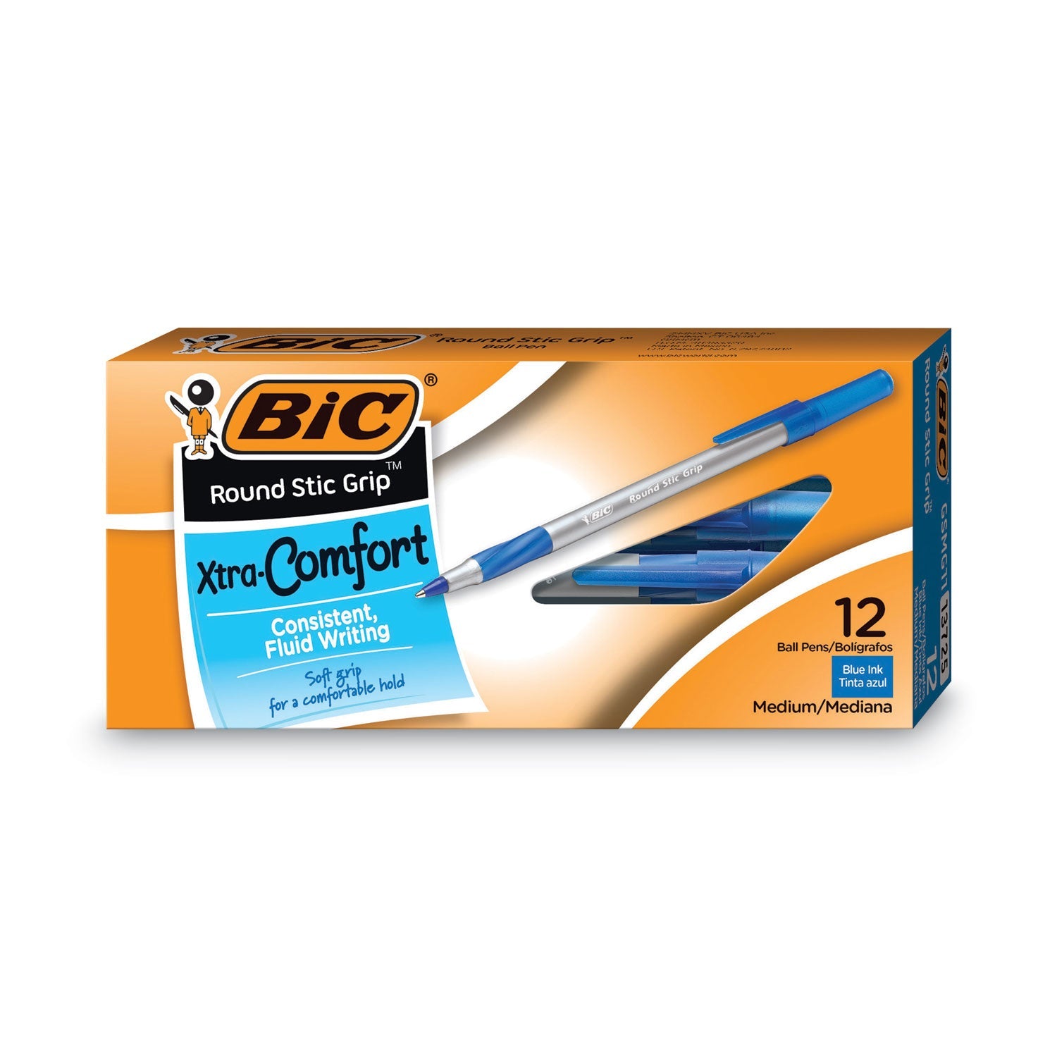 BIC® Round Stic Grip Xtra Comfort Ballpoint Pen, Easy-Glide System, Stick, Medium 1.2 mm, Blue Ink, Gray/Blue Barrel, Dozen