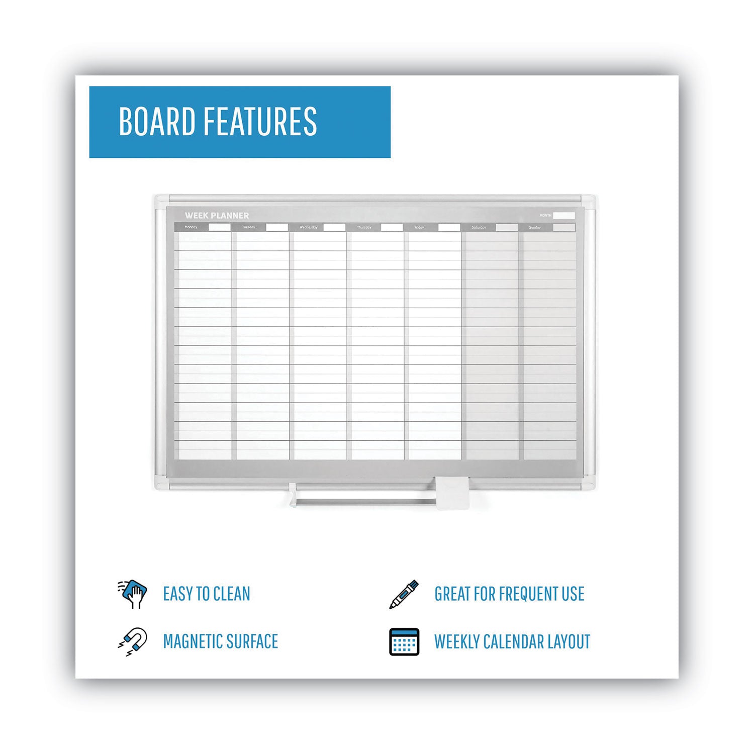 MasterVision® Magnetic Dry Erase Calendar Board, Weekly Planning/Scheduling, 36" x 24", White Surface, Satin Aluminum Frame