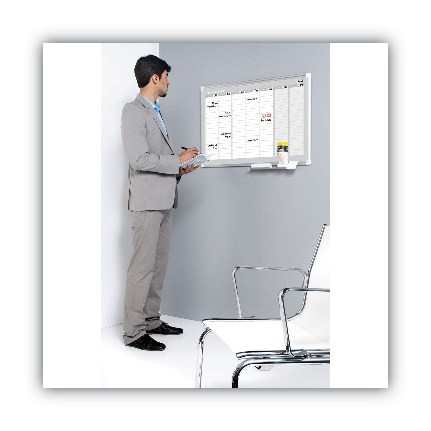 MasterVision® Magnetic Dry Erase Calendar Board, Weekly Planning/Scheduling, 36" x 24", White Surface, Satin Aluminum Frame