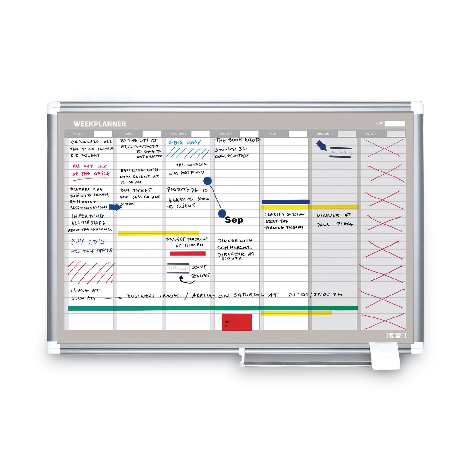 MasterVision® Magnetic Dry Erase Calendar Board, Weekly Planning/Scheduling, 36" x 24", White Surface, Satin Aluminum Frame