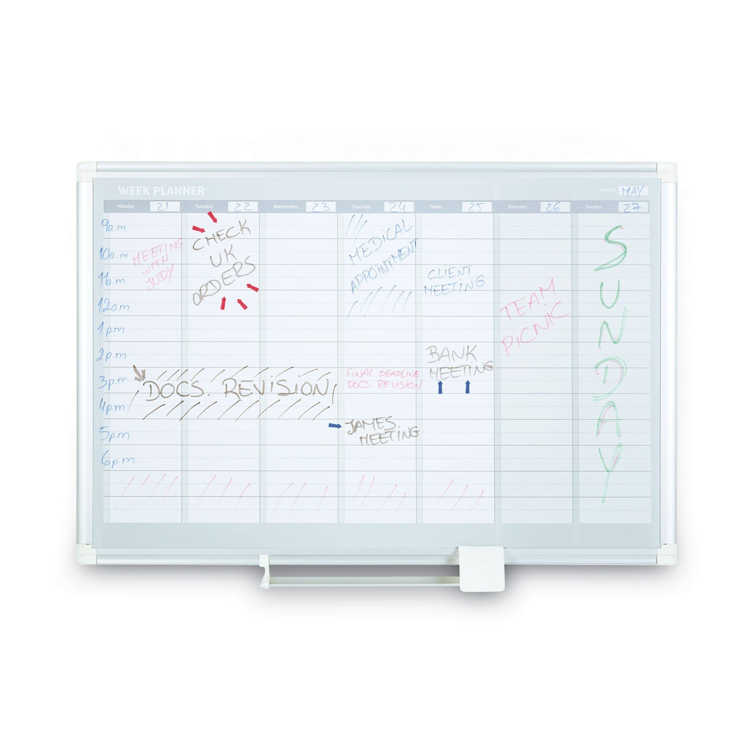 MasterVision® Magnetic Dry Erase Calendar Board, Weekly Planning/Scheduling, 36" x 24", White Surface, Satin Aluminum Frame