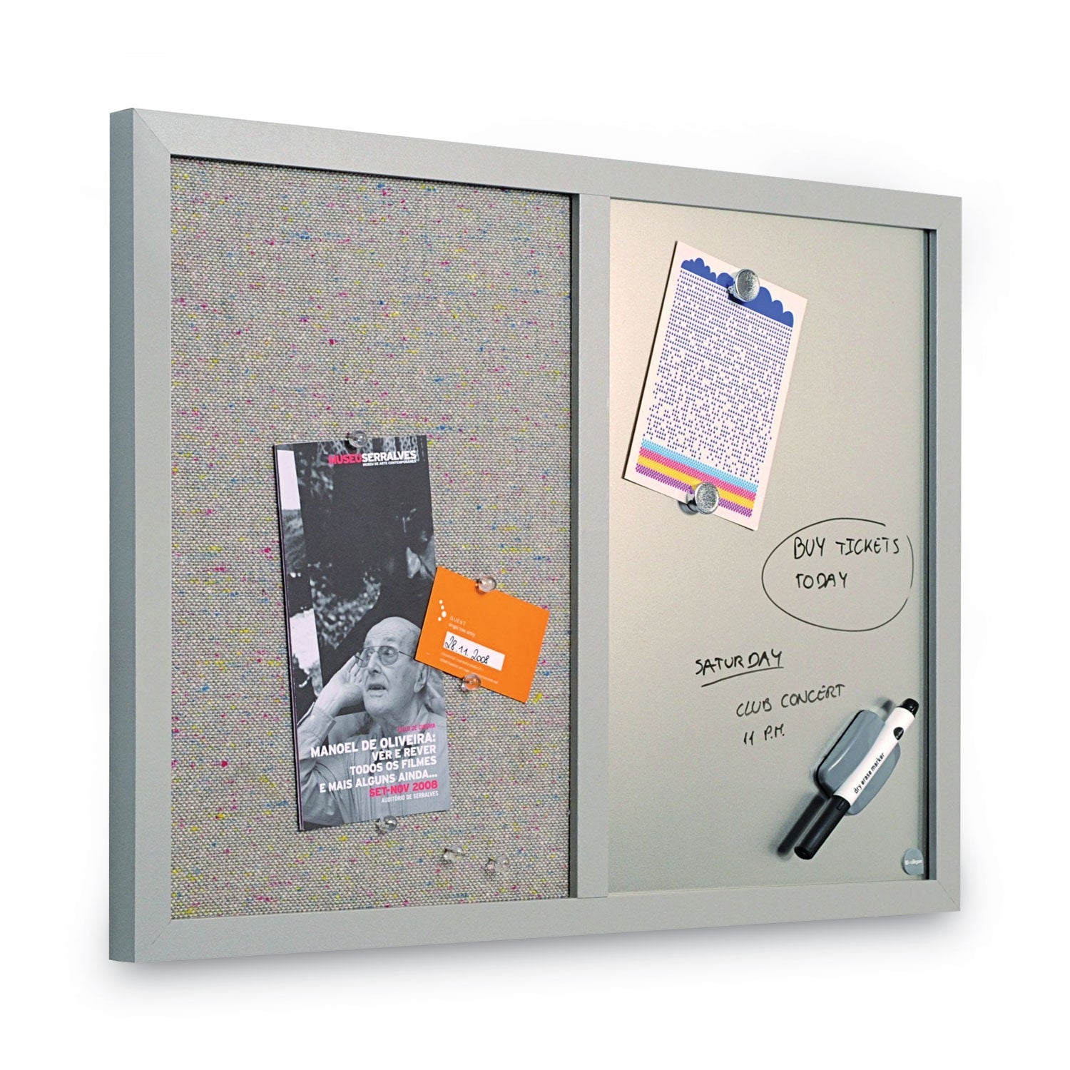 MasterVision® Designer Fabric Bulletin Board, Combo Magnetic Dry Erase/Bulletin, 24" x 18", Multicolor/Gray Surface, Gray Fiberboard Frame