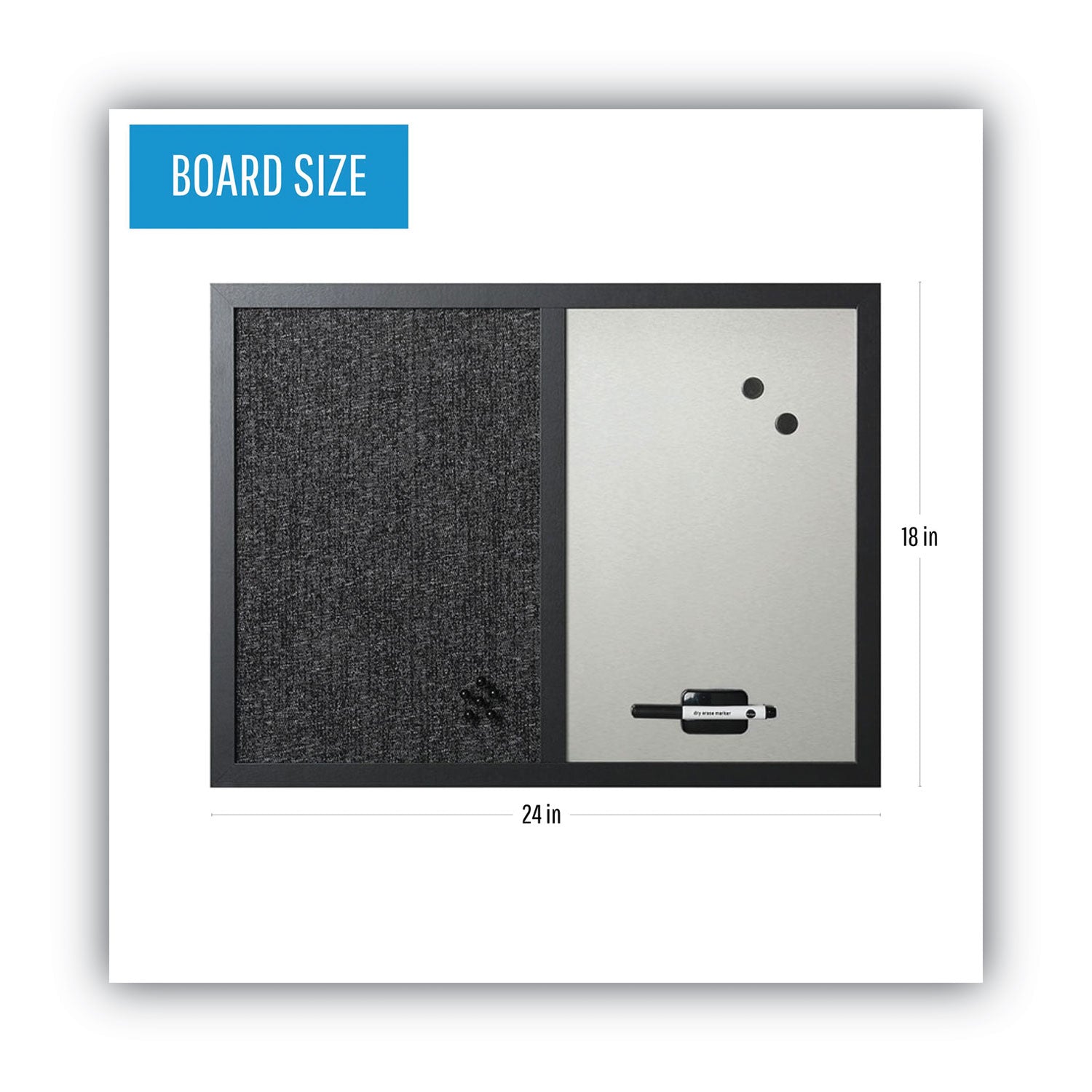 MasterVision® Designer Fabric Bulletin Board, Combo Magnetic Dry Erase/Bulletin, 24" x 18", Charcoal/Gray Surface, Black Fiberboard Frame