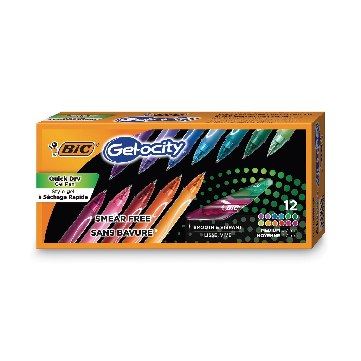 BIC® Gel-ocity Quick Dry Gel Pen, Retractable, Fine 0.7 mm, Assorted Ink and Barrel Colors, Dozen