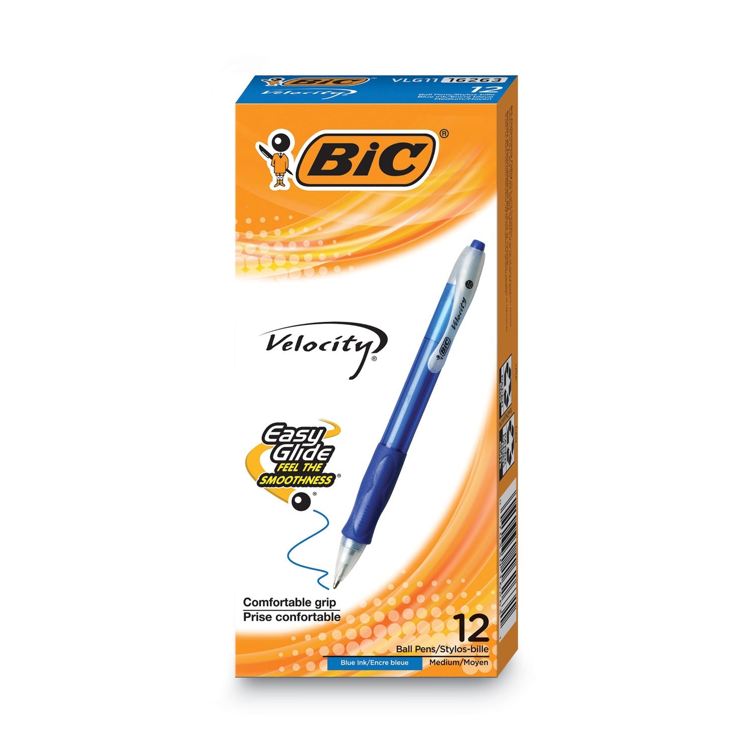 BIC® Velocity Easy Glide Ballpoint Pen, Retractable, Medium 1 Mm, Blue Ink, Translucent Blue Barrel, Dozen