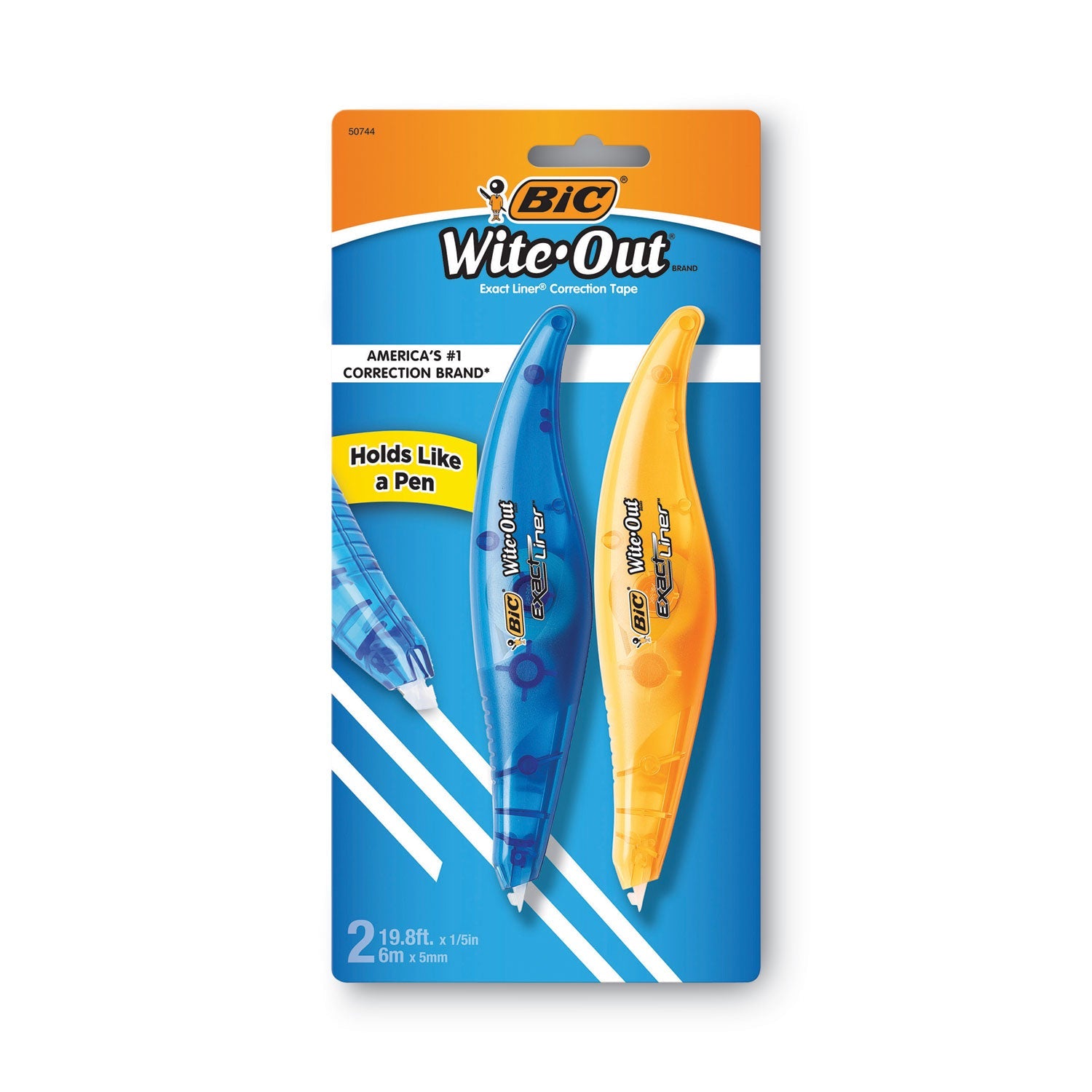 BIC® Wite-Out Brand Exact Liner Correction Tape, Non-Refillable, Blue/Orange Applicators, 0.2" x 236", 2/Pack