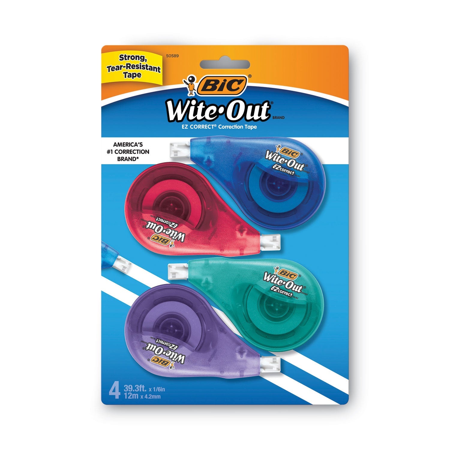 BIC® Wite-Out EZ Correct Correction Tape, Non-Refillable, Randomly Assorted Applicator Colors, 0.17" x 400", 4/Pack