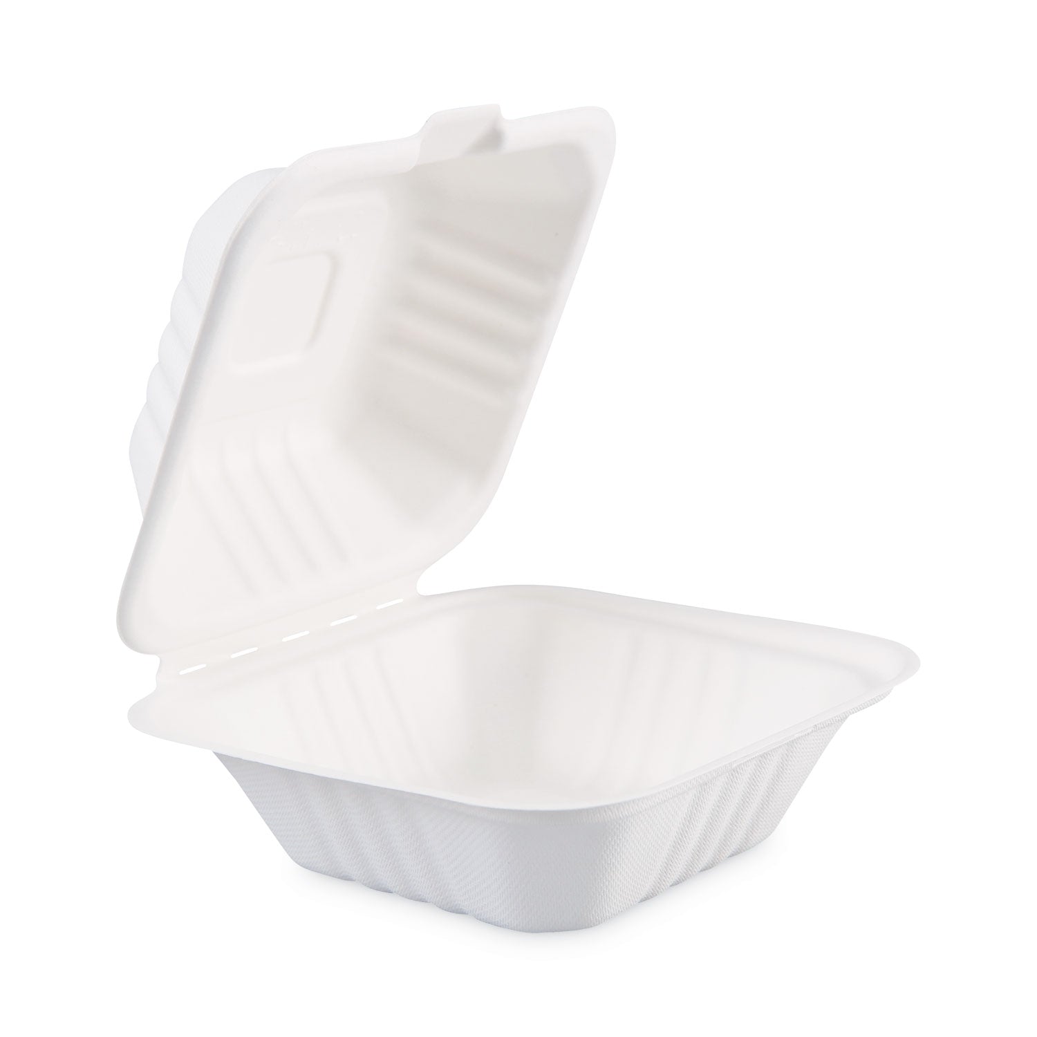Boardwalk® Bagasse Food Containers, Hinged Lid, 6 x 6 x 3.19, White, Sugarcane, 125/Sleeve, 4 Sleeves/Carton