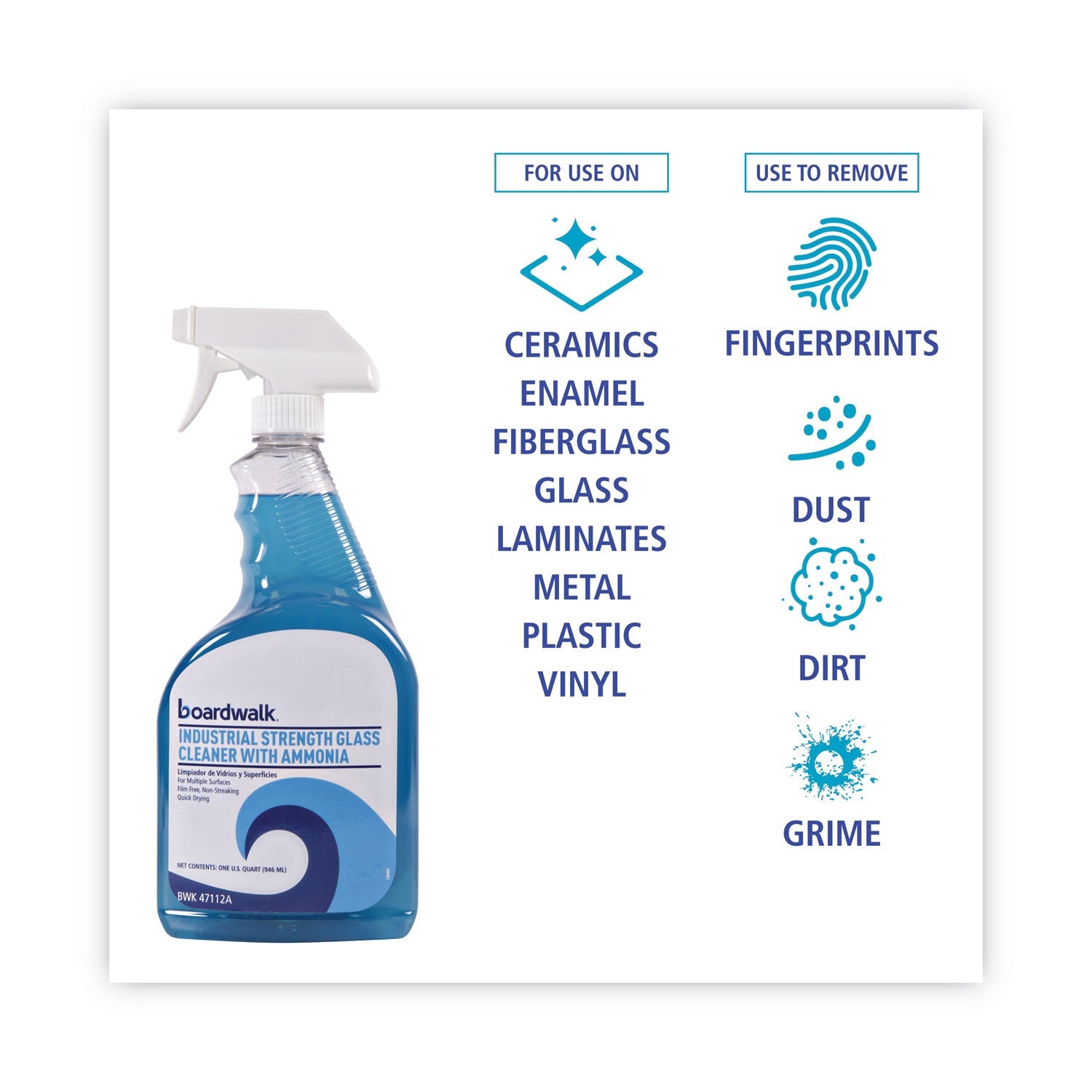 Boardwalk® Industrial Strength Glass Cleaner with Ammonia, Unscented, 32 oz Trigger Spray Bottle