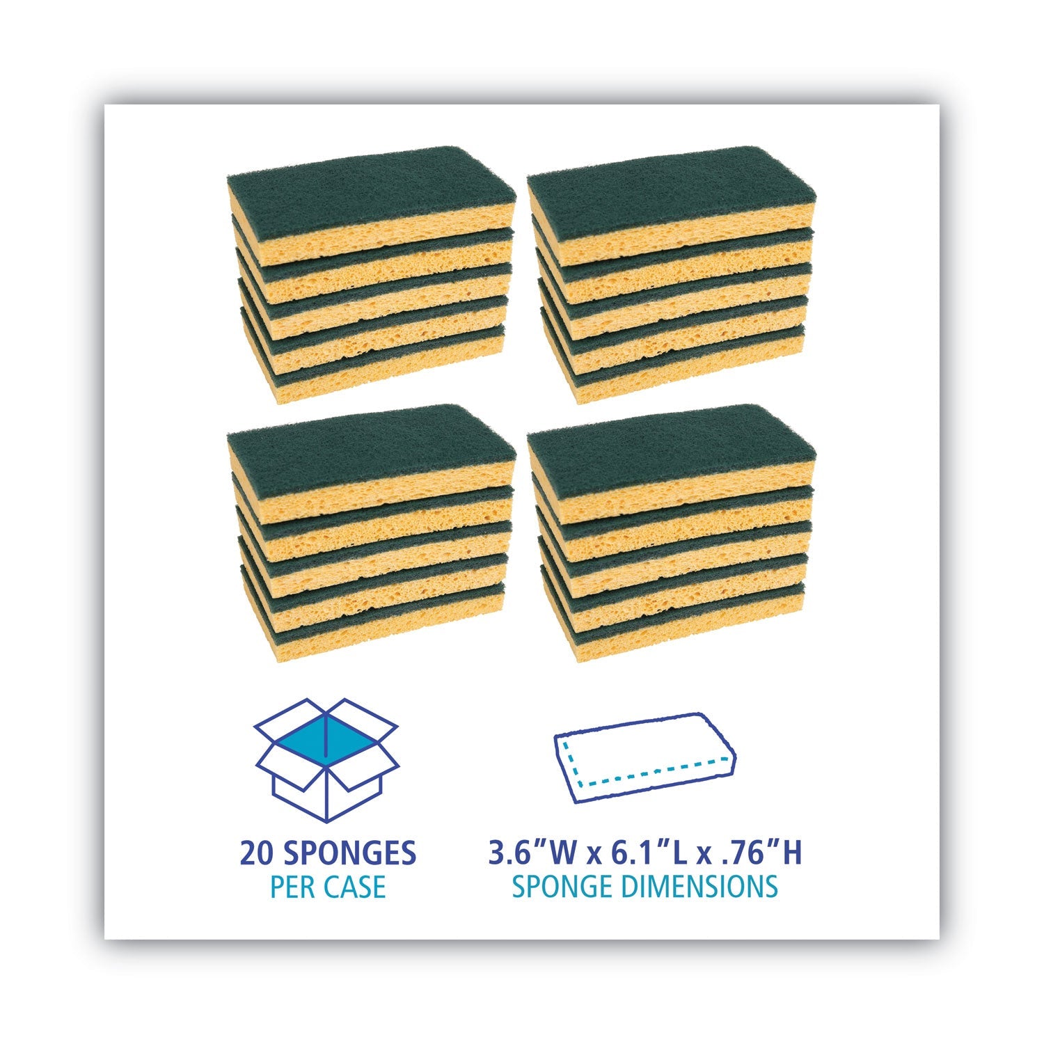 Boardwalk® Medium-Duty Scrubbing Sponge, Individually Wrapped, 3.6 x 6.1, 0.75" Thick, Yellow/Green, 20/Carton